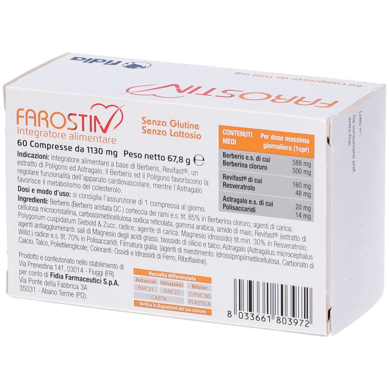 Retro della scatola Farostin Compresse. Ingredienti, informazioni nutrizionali, senza glutine.