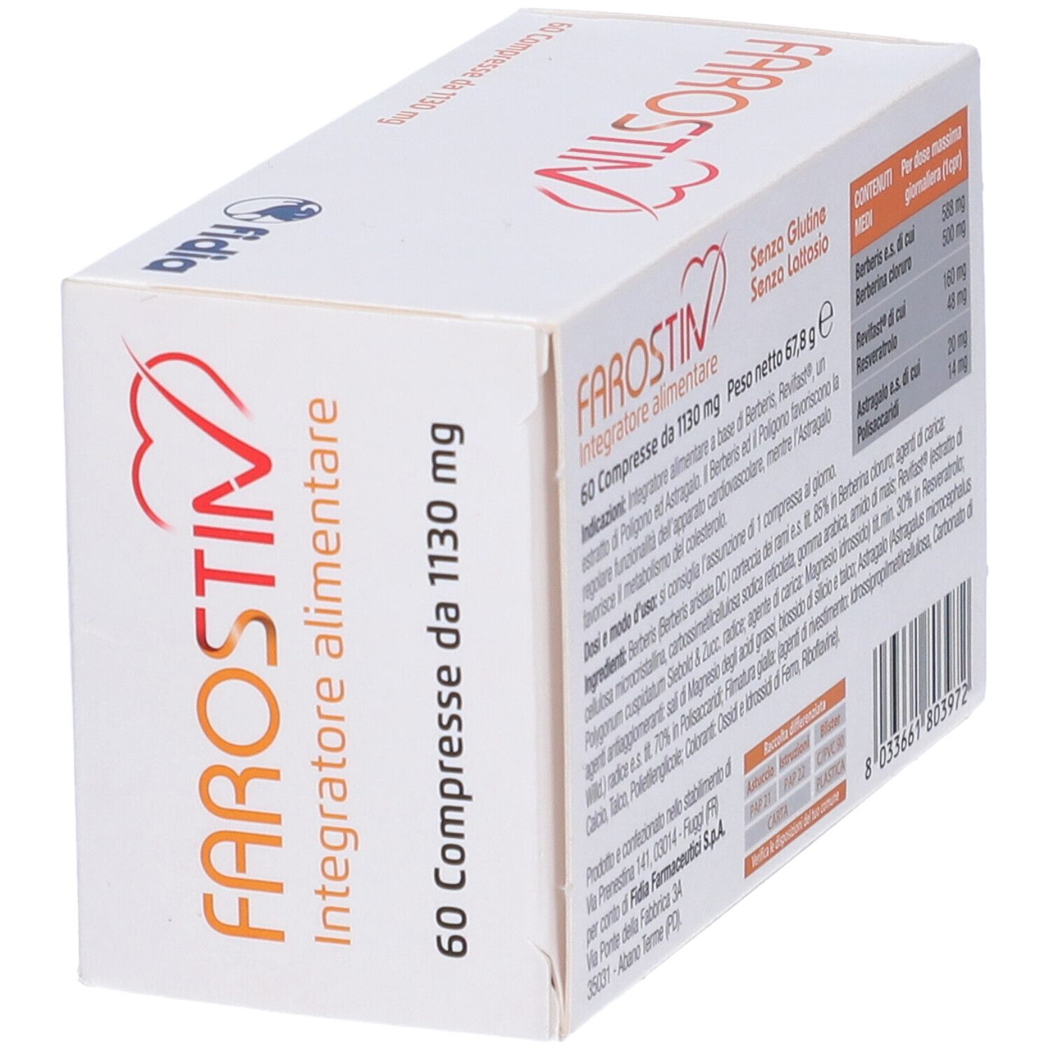 Scatola Farostin Compresse. 60 compresse, 1130 mg. Marchio Fidia. Vista laterale con testo.