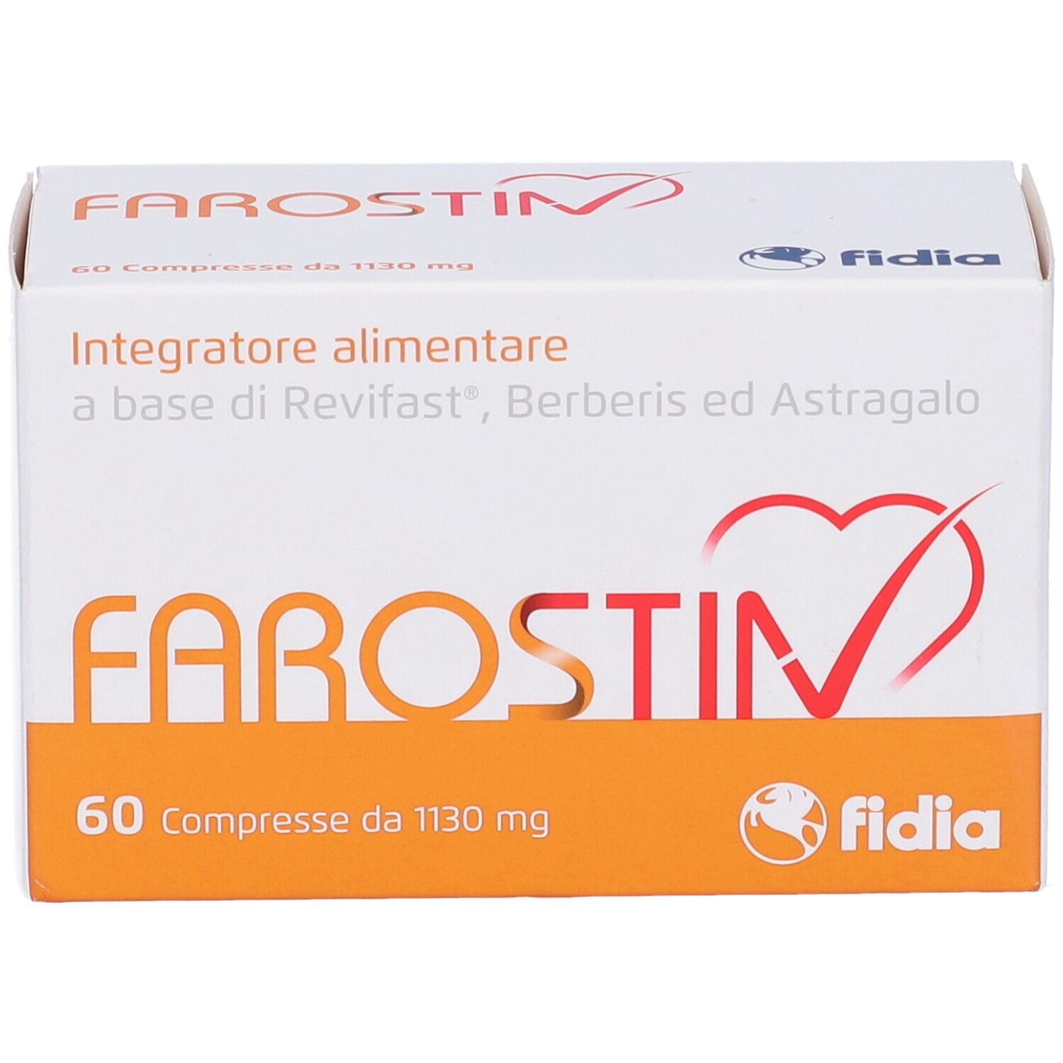 Scatola Farostin Compresse. 60 compresse, 1130 mg. Marchio Fidia. Fronte con logo.