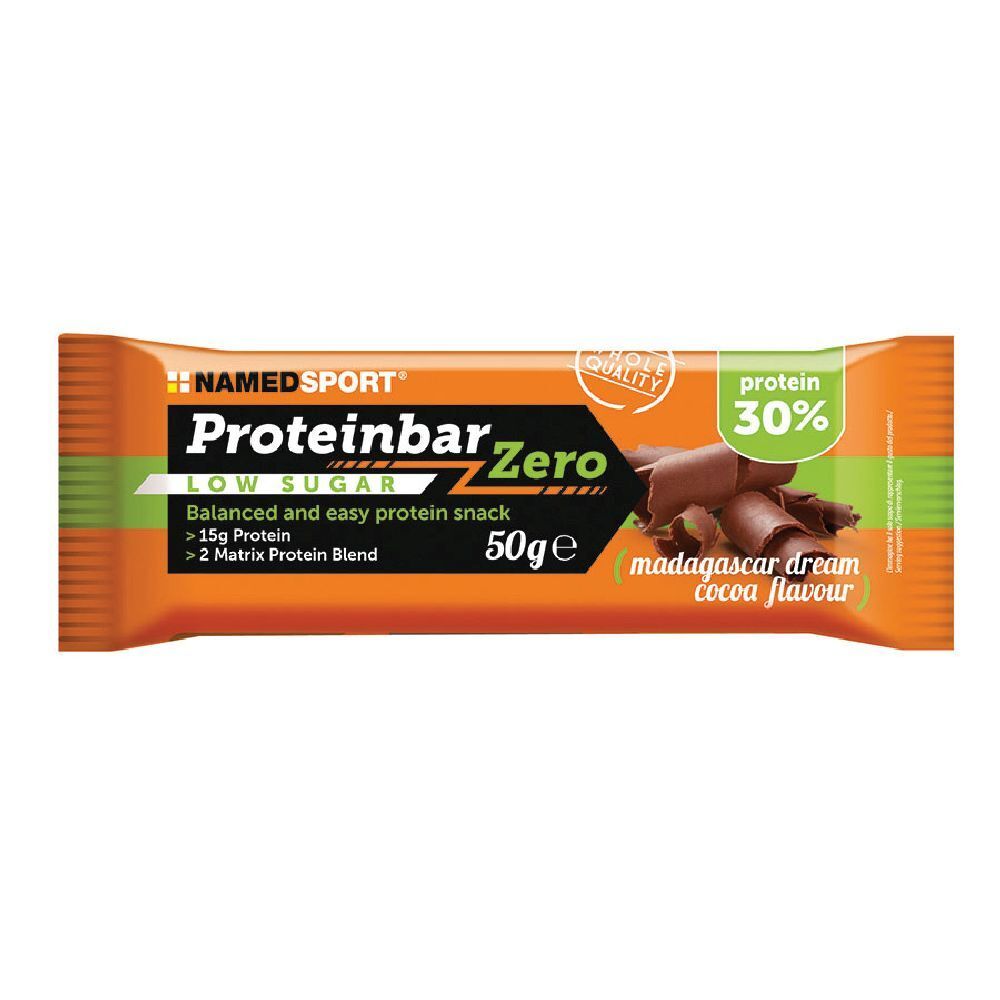 Barretta proteica. Confezione arancione con nome del prodotto, gusto e informazioni nutrizionali. Contiene 50g. 30% proteine.