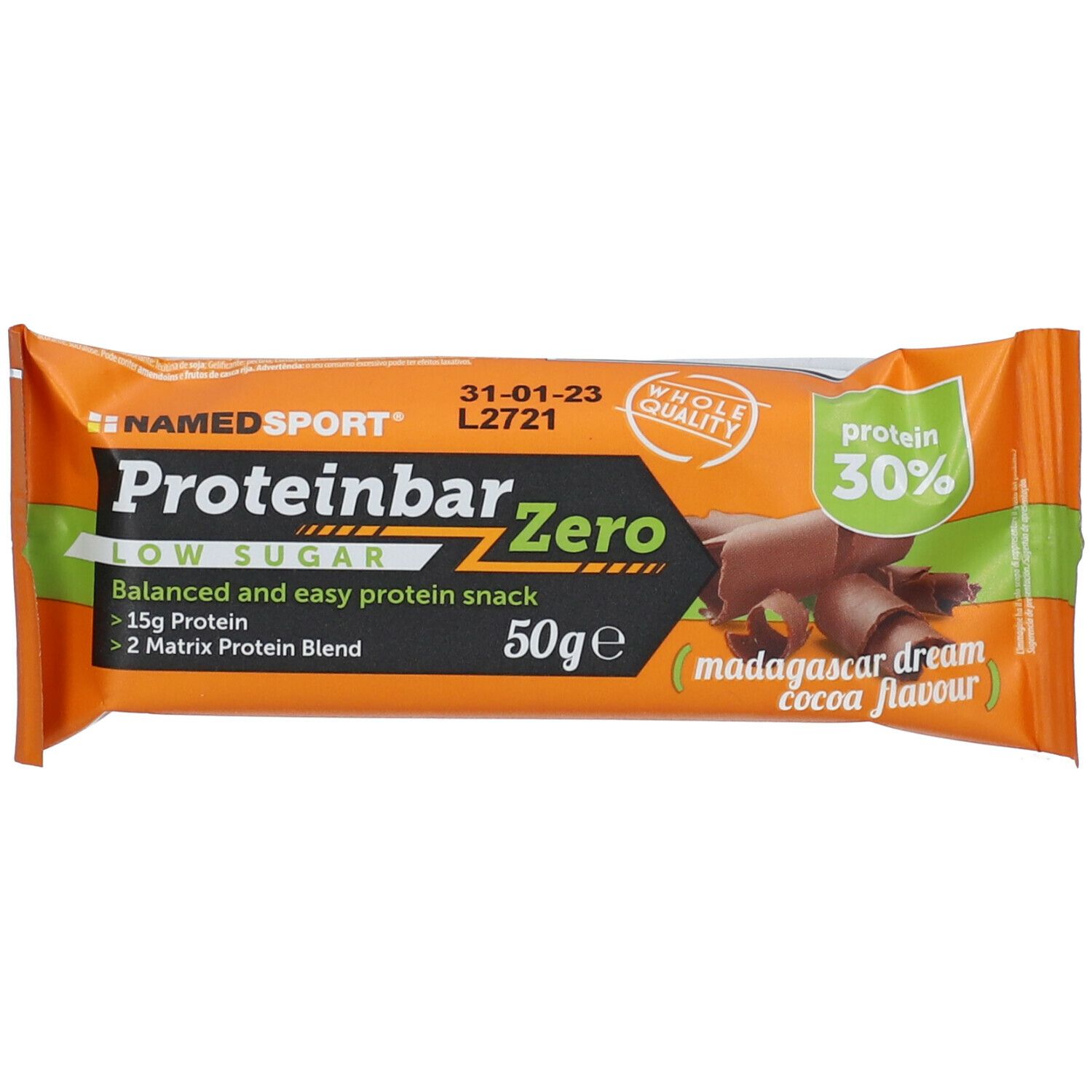 Barretta proteica. Confezione arancione con nome del prodotto, gusto e informazioni nutrizionali. Contiene 50g. 30% proteine.