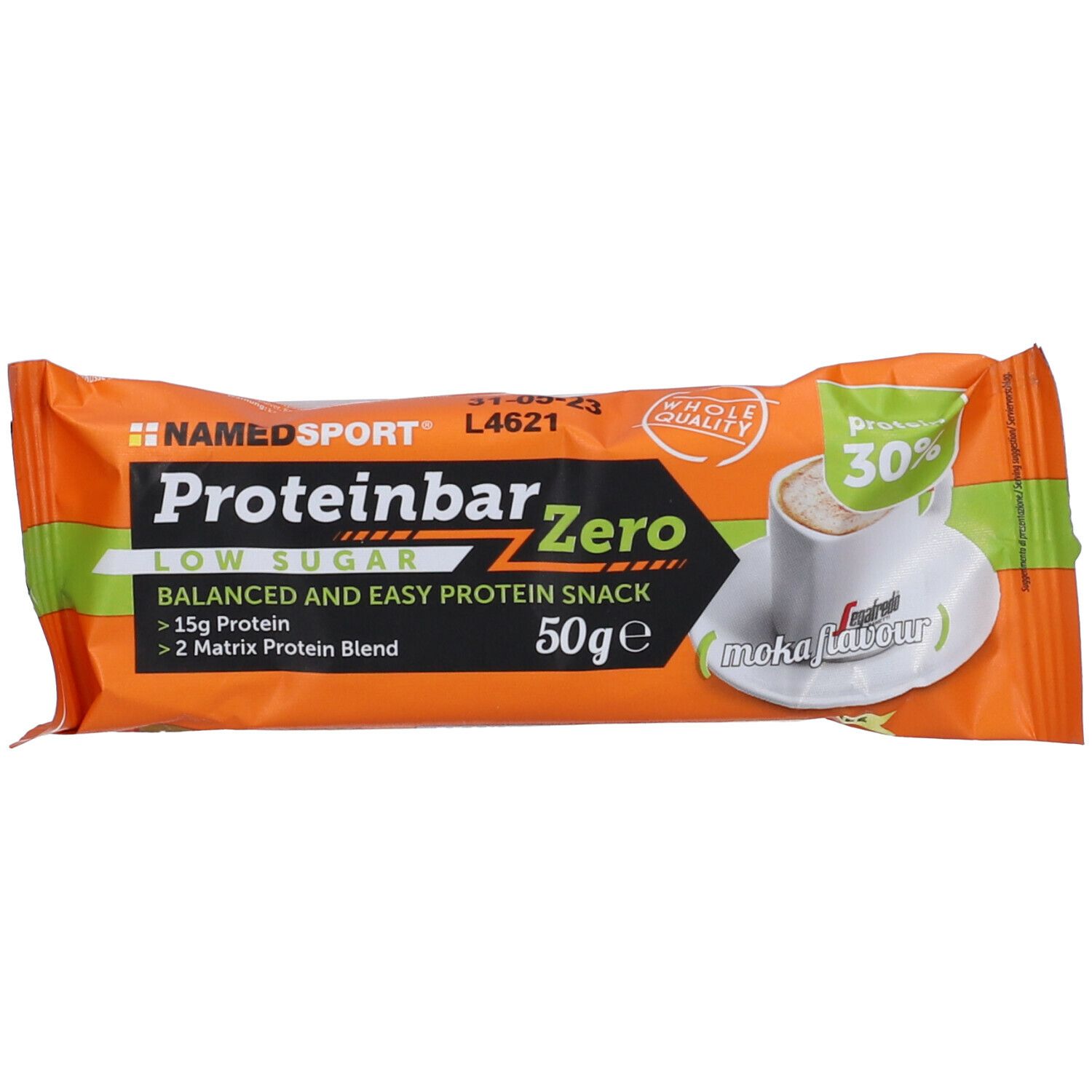 Barretta proteica Zero Moka. Confezione arancione con nome del prodotto e illustrazione caffè. Contiene 15g proteine.