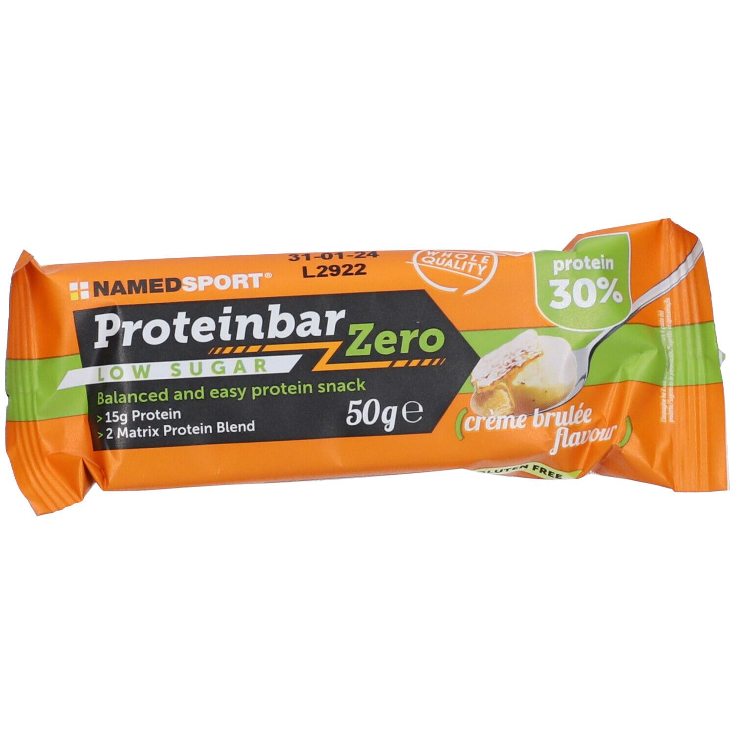 Barretta proteica Zero Crème Brulée. Confezione arancione con nome del prodotto e informazioni nutrizionali. 50g.