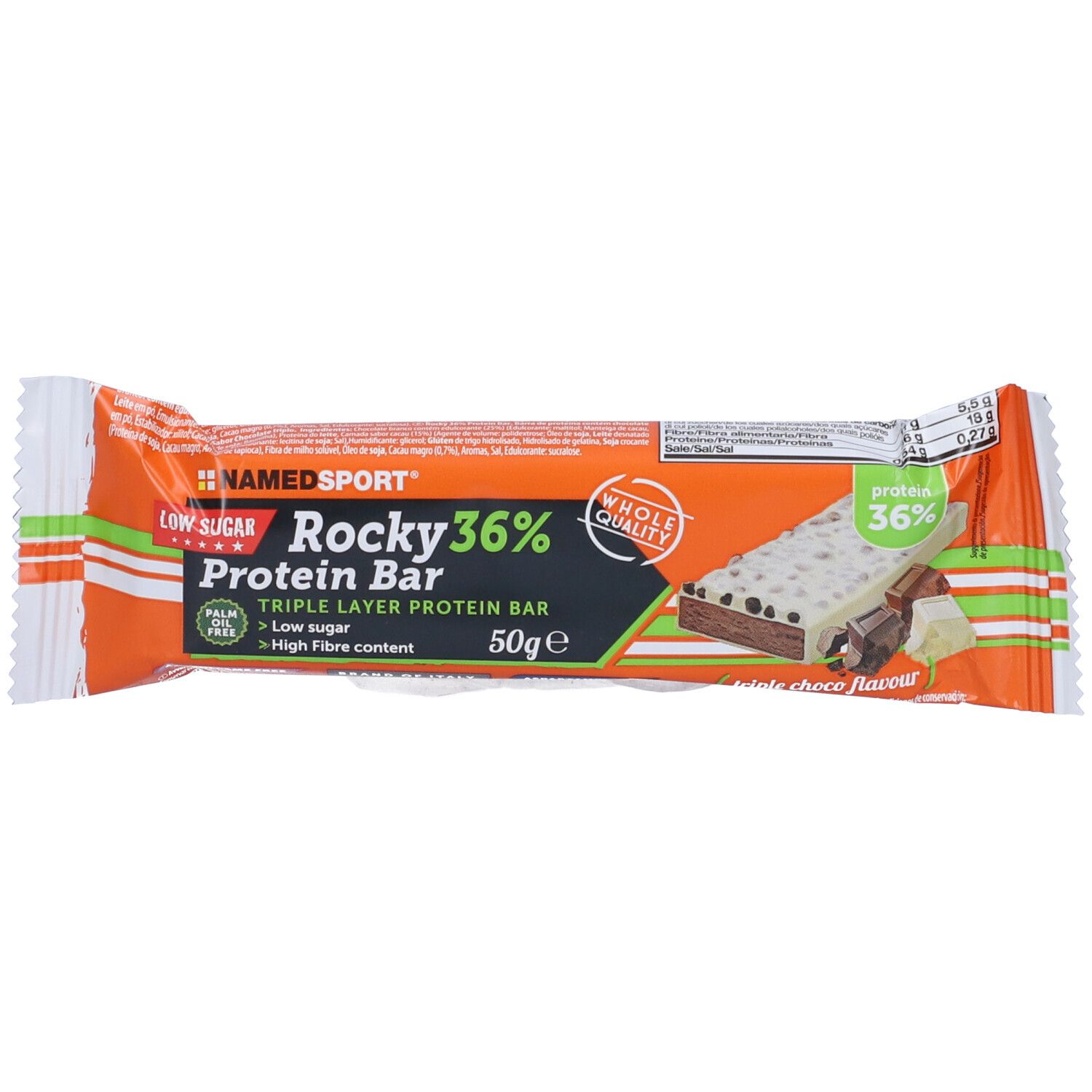 Barretta proteica Rocky 36% in confezione arancione. Scritta: Protein Bar, 50g. Illustrazione di una barretta con pezzi di cioccolato.