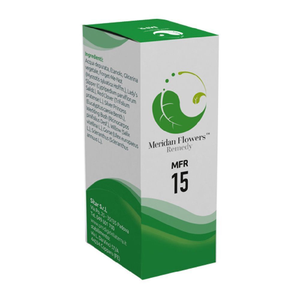 Scatola verde e bianca con informazioni sul prodotto. Scritto: Meridian Flowers Remedy MFR 15.