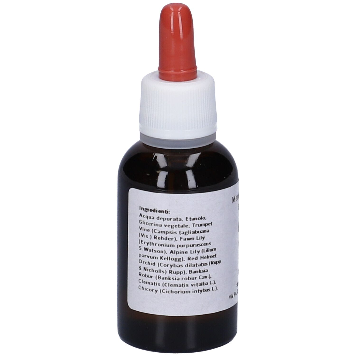 Flacone di vetro marrone con contagocce rosso. Etichetta con ingredienti. Nome del prodotto non visibile.