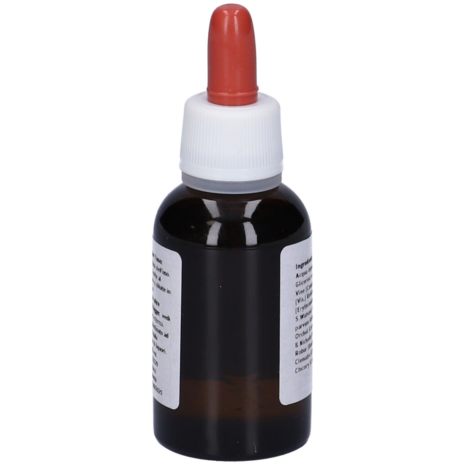Flacone di vetro marrone con contagocce rosso. Etichetta con ingredienti. Nome del prodotto non visibile.