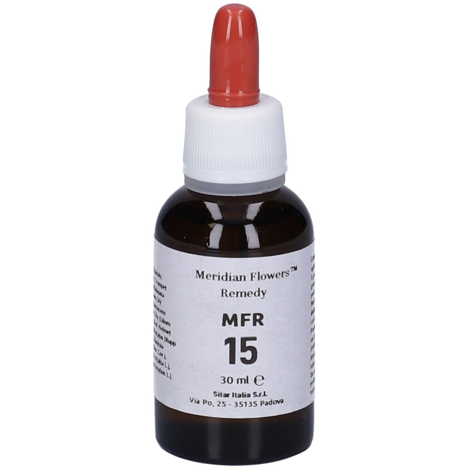 Flacone di vetro marrone con contagocce rosso. Etichetta con nome del prodotto: Meridian Flowers Remedy MFR 15, 30 ml.