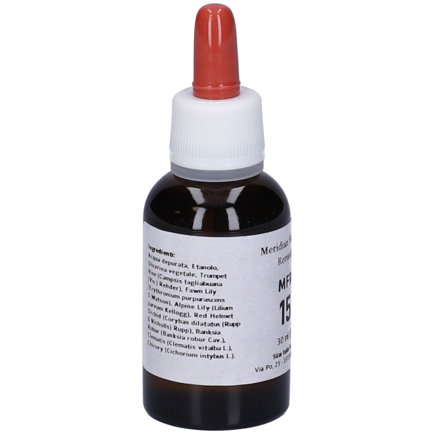 Flacone di vetro marrone con contagocce rosso. Etichetta con ingredienti e nome del prodotto: MFR 15.