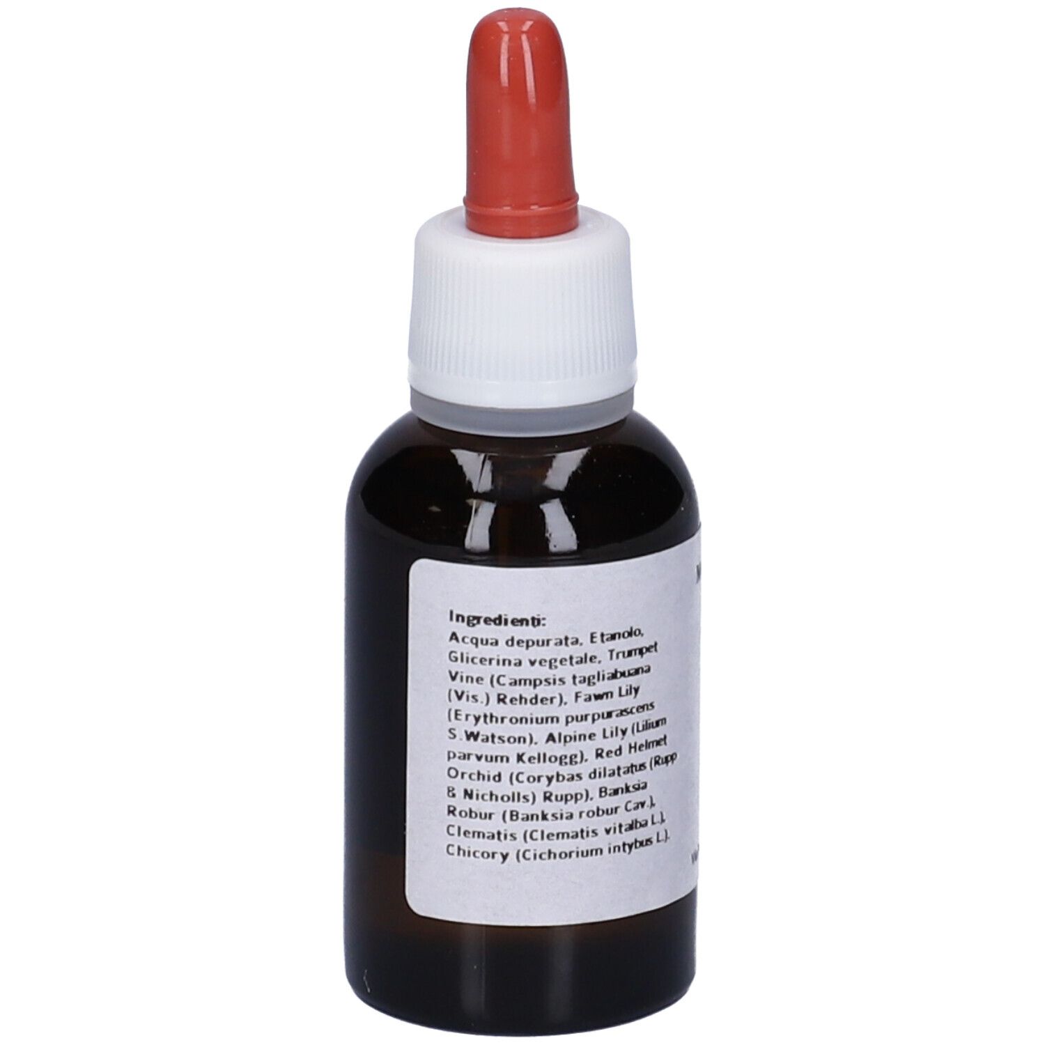 Flacone di vetro marrone con contagocce rosso. Etichetta con ingredienti. Nome del prodotto non visibile.