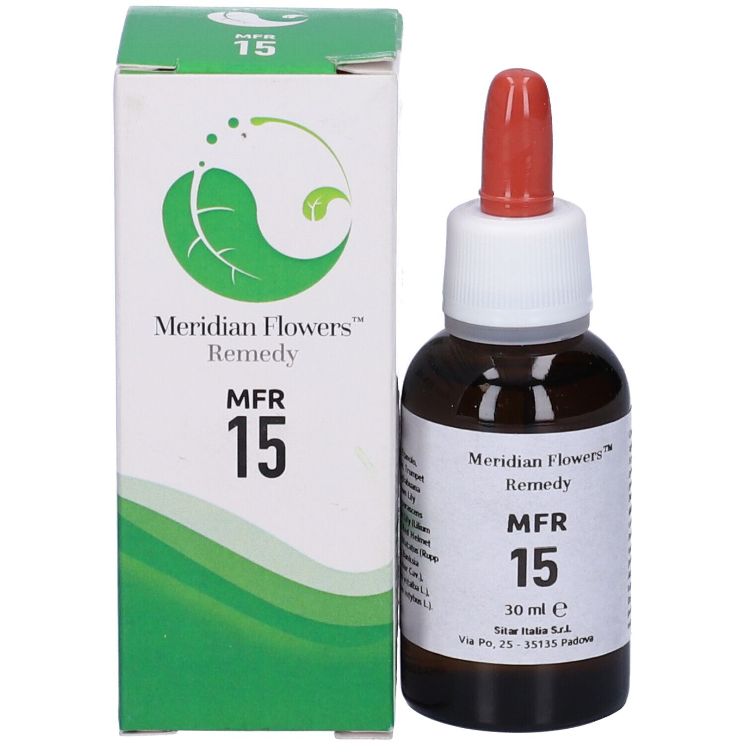 Confezione e flacone del prodotto. Scritto: Meridian Flowers Remedy MFR 15, 30 ml.