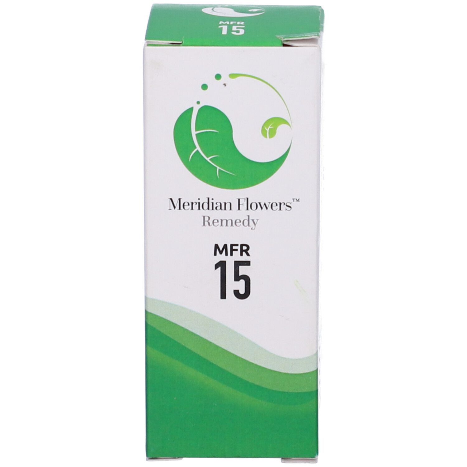 Scatola verde e bianca con informazioni sul prodotto. Scritto: Meridian Flowers Remedy MFR 15.
