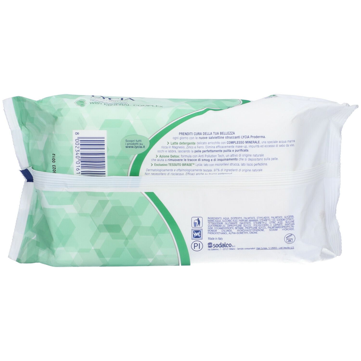 Retro della confezione di Lycia Salviettine Struccanti. Sfondo bianco e verde, testo e codice a barre. Ingredienti e loghi.