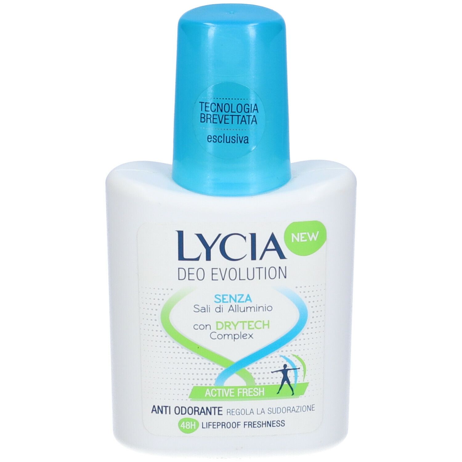 Roll-on deodorante bianco con tappo blu. Scritte: LYCIA DEO EVOLUTION, ACTIVE FRESH, senza sali di alluminio.