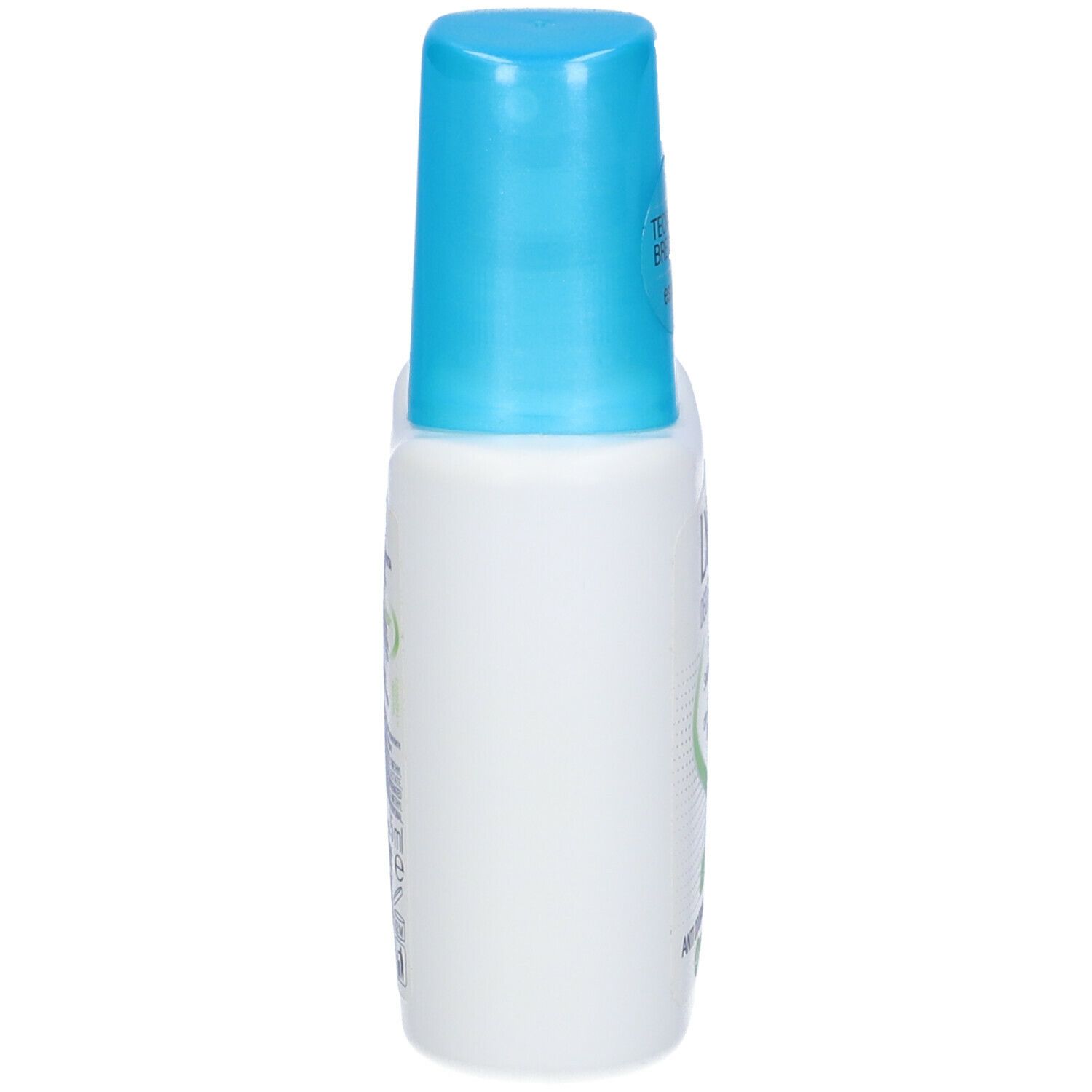 Roll-on deodorante bianco con tappo blu. Vista laterale. Testo illeggibile.