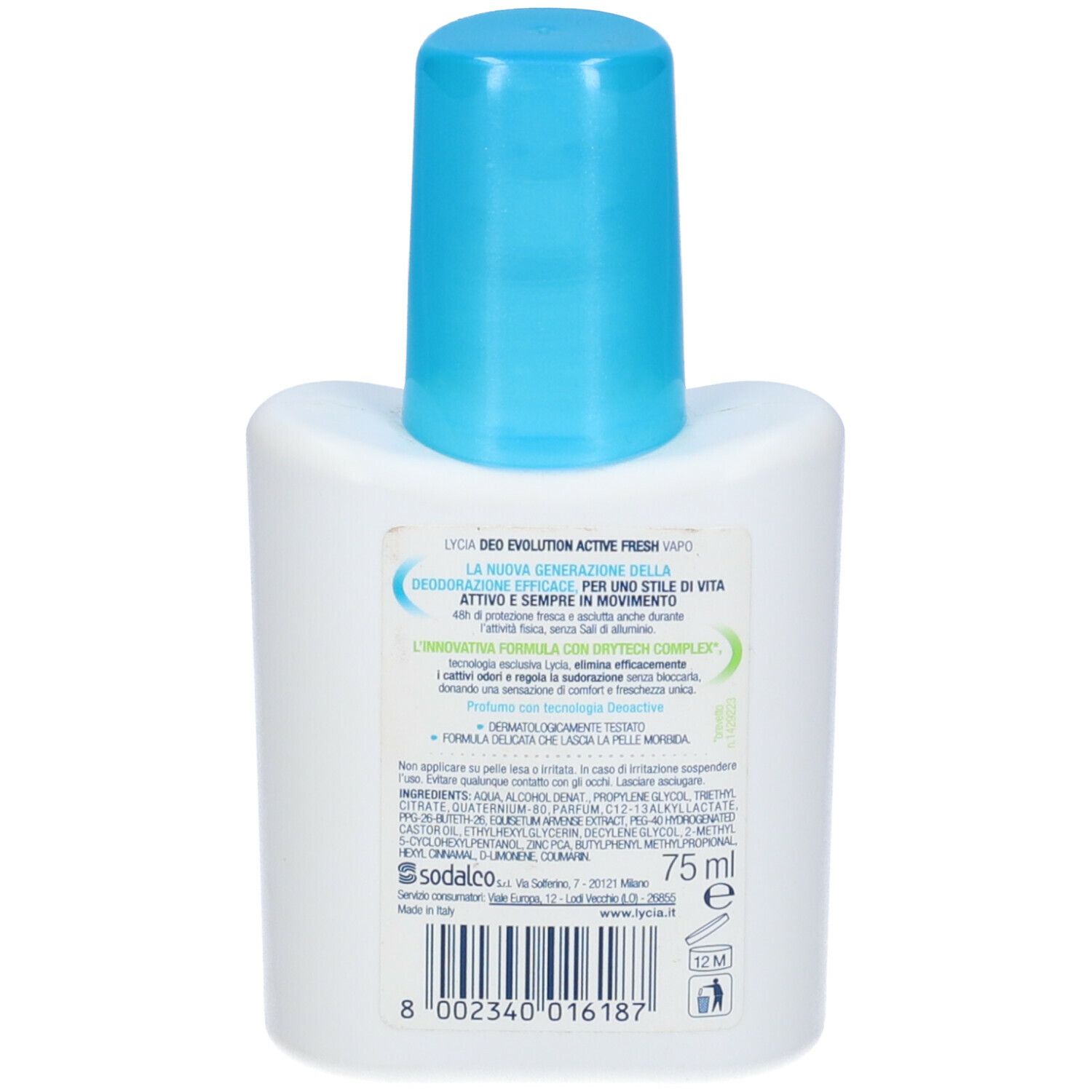 Retro di un roll-on deodorante bianco con tappo blu. Testo: LYCIA DEO EVOLUTION ACTIVE FRESH VAPO, 75 ml.
