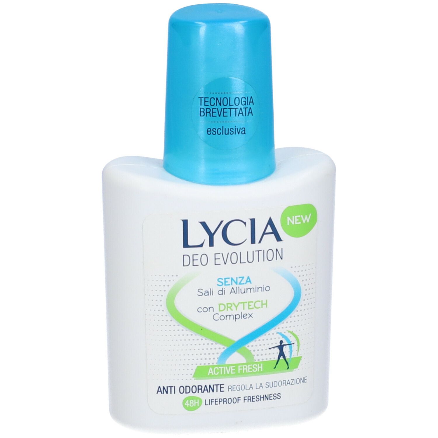 Roll-on deodorante bianco con tappo blu. Scritte: LYCIA DEO EVOLUTION, ACTIVE FRESH, senza sali di alluminio.