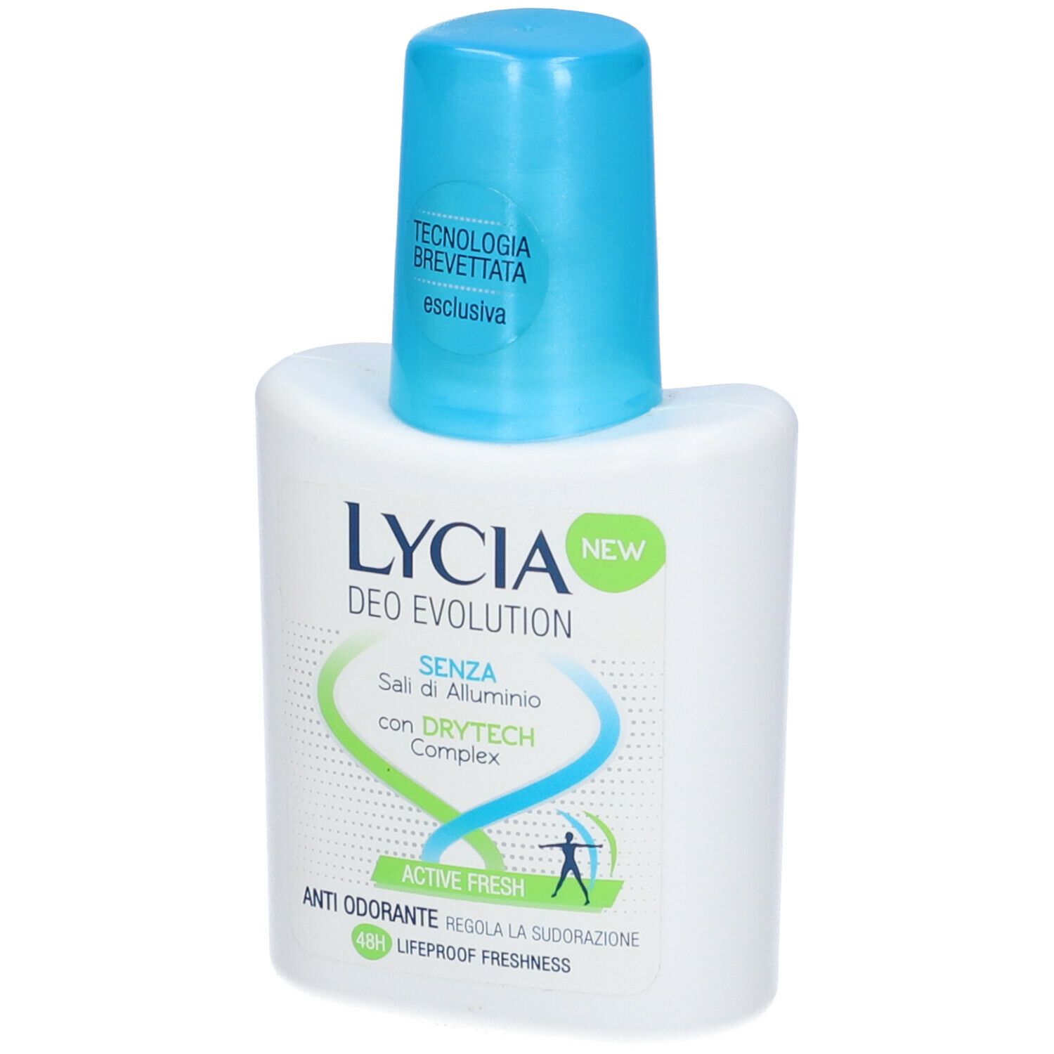 Roll-on deodorante bianco con tappo blu. Scritte: LYCIA DEO EVOLUTION, ACTIVE FRESH, senza sali di alluminio.