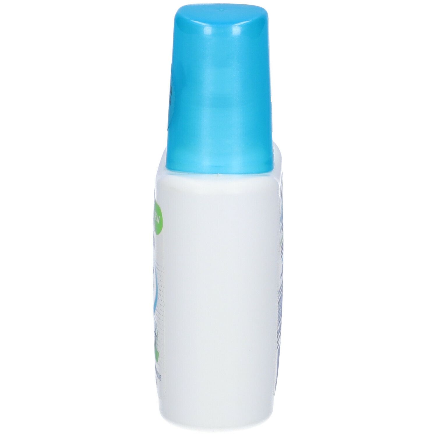 Roll-on deodorante bianco con tappo blu. Vista laterale. Testo illeggibile.
