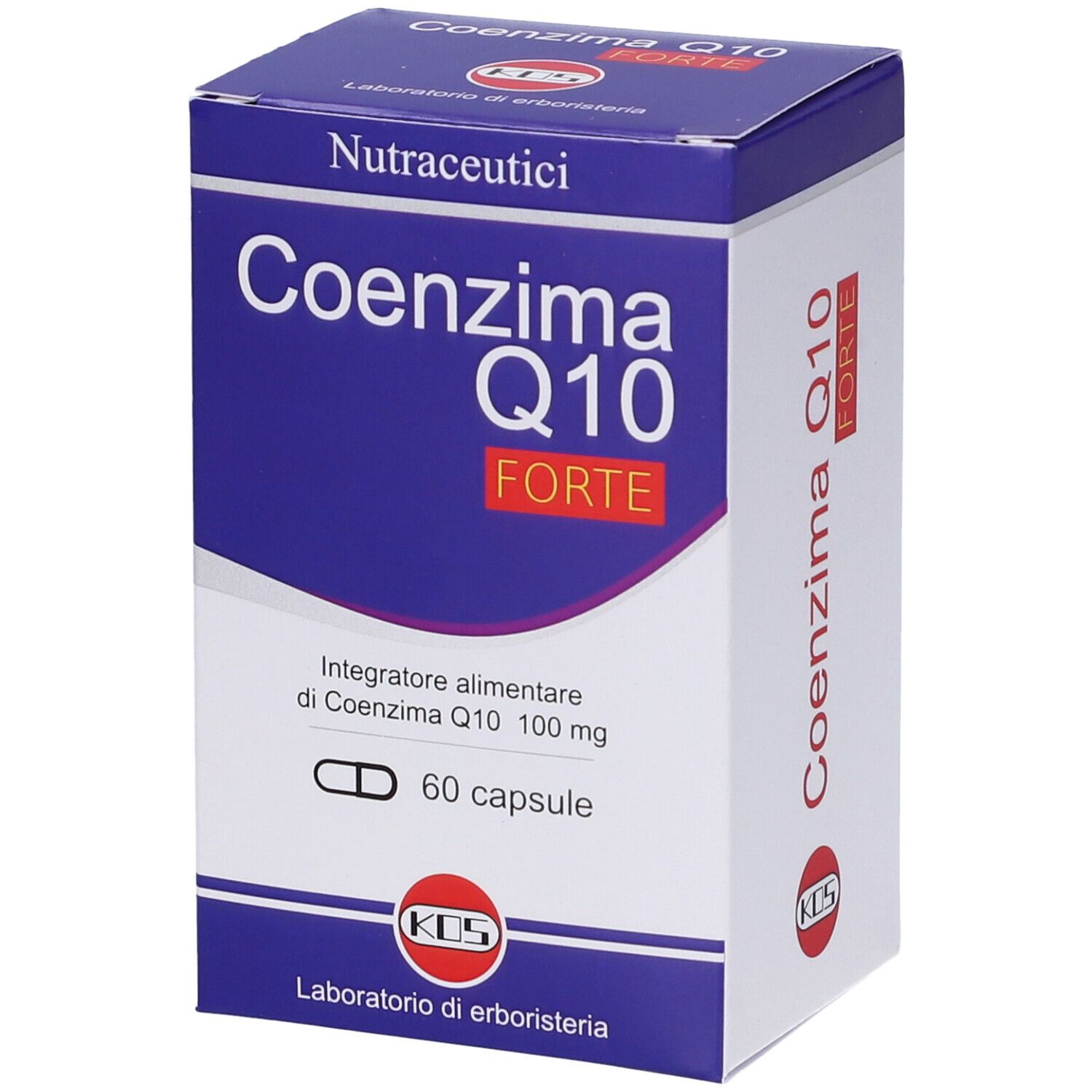 KOS Coenzima Q10-Box, schräg. Blaue und weiße Verpackung mit Produktnamen und Kapsel-Symbol. 60 Kapseln.