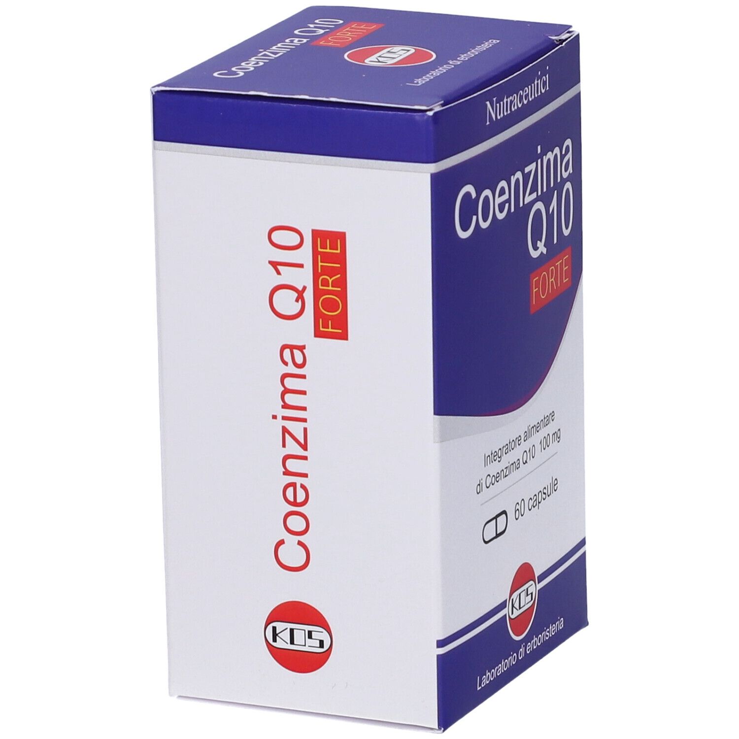 KOS Coenzima Q10-Box, schräg. Rückseite mit Inhaltsangaben. Blaue und weiße Verpackung. 60 Kapseln.