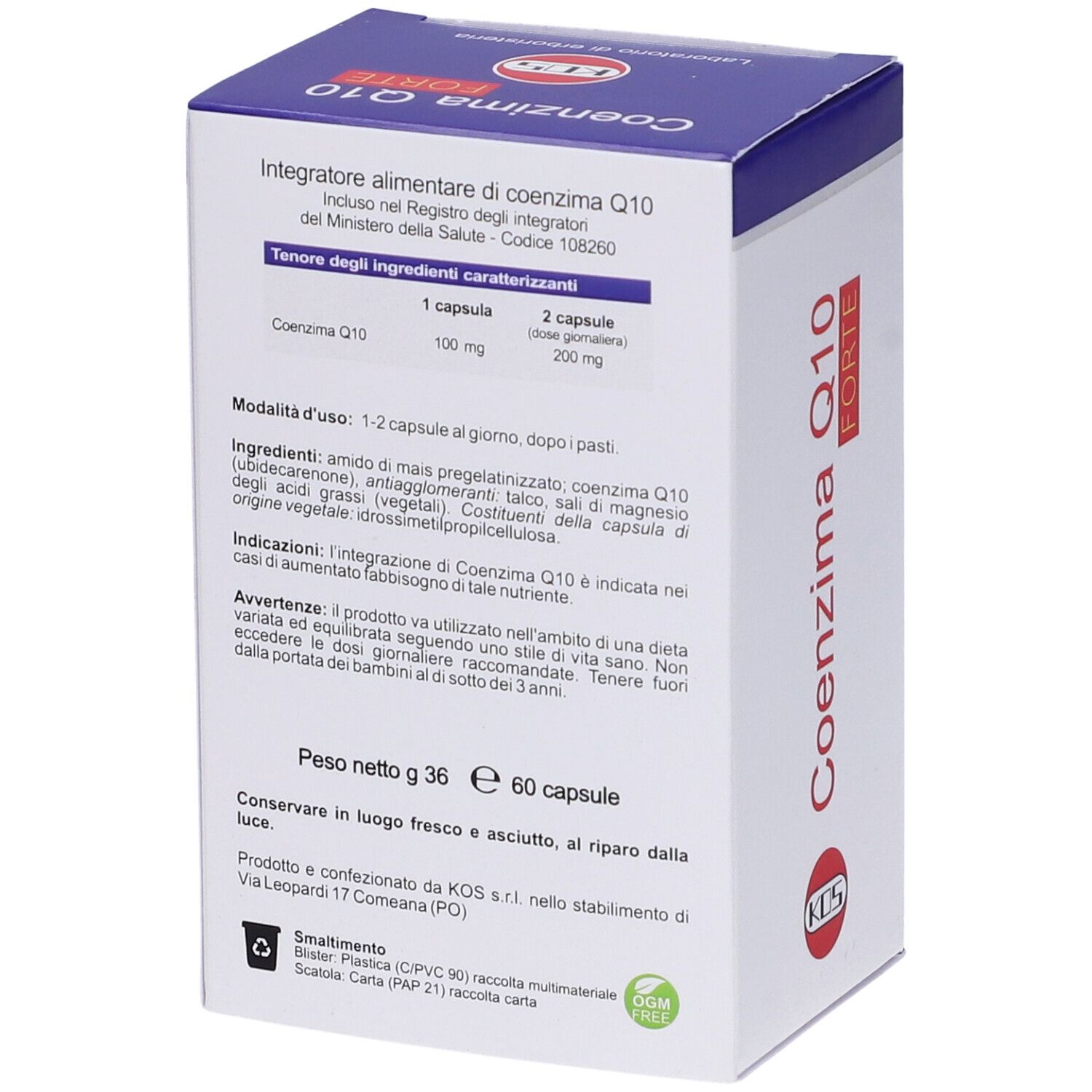 KOS Coenzima Q10-Box, Rückseite. Inhaltsangaben und Nährwertinformationen. Blaue und weiße Verpackung. 60 Kapseln.