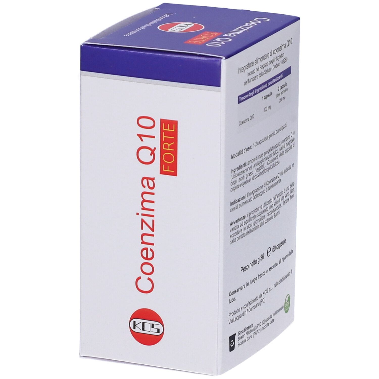 KOS Coenzima Q10-Box, Rückseite. Inhaltsangaben und Nährwertinformationen. Blaue und weiße Verpackung. 60 Kapseln.