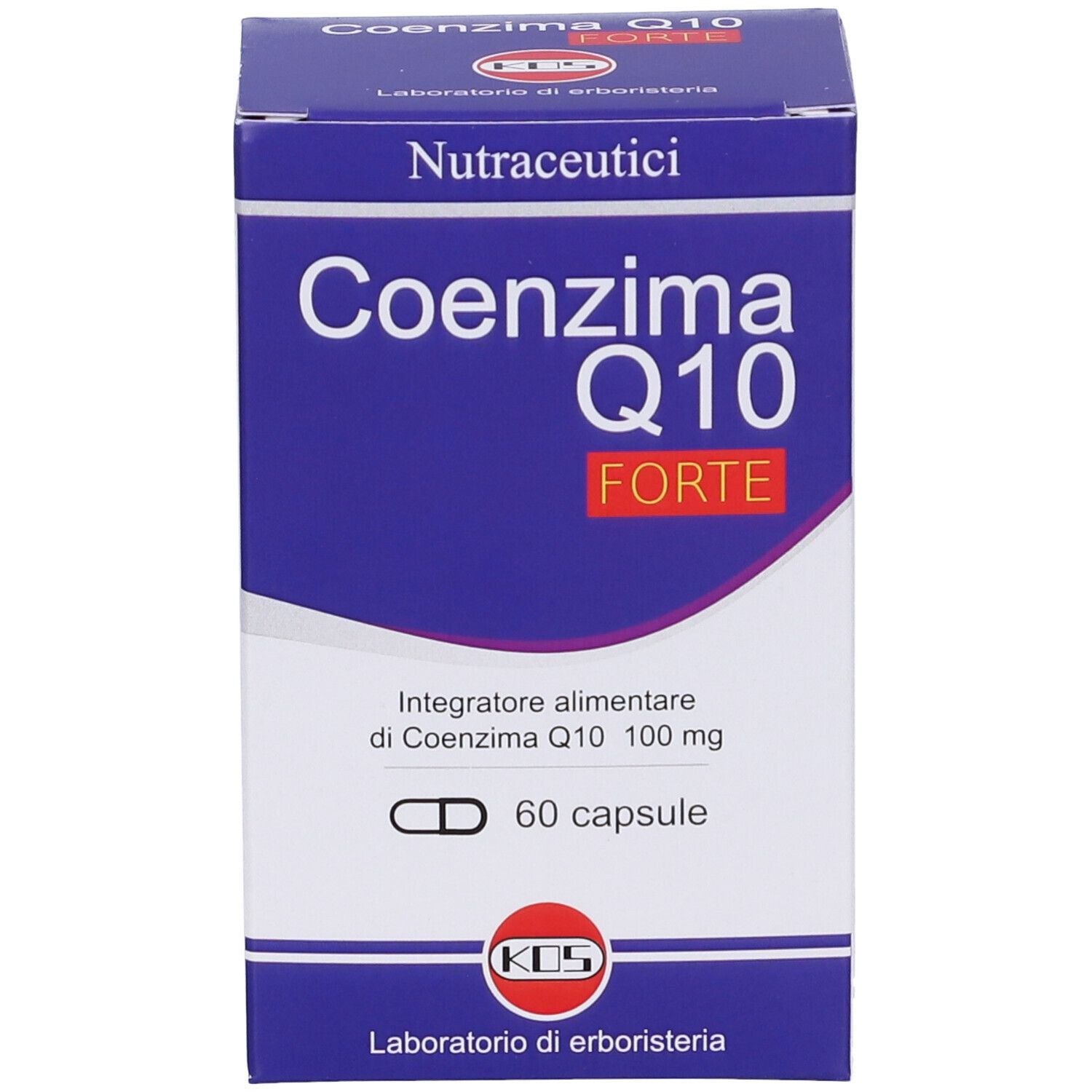 KOS Coenzima Q10-Box. Blaue und weiße Verpackung mit Produktnamen und Kapsel-Symbol. 60 Kapseln.