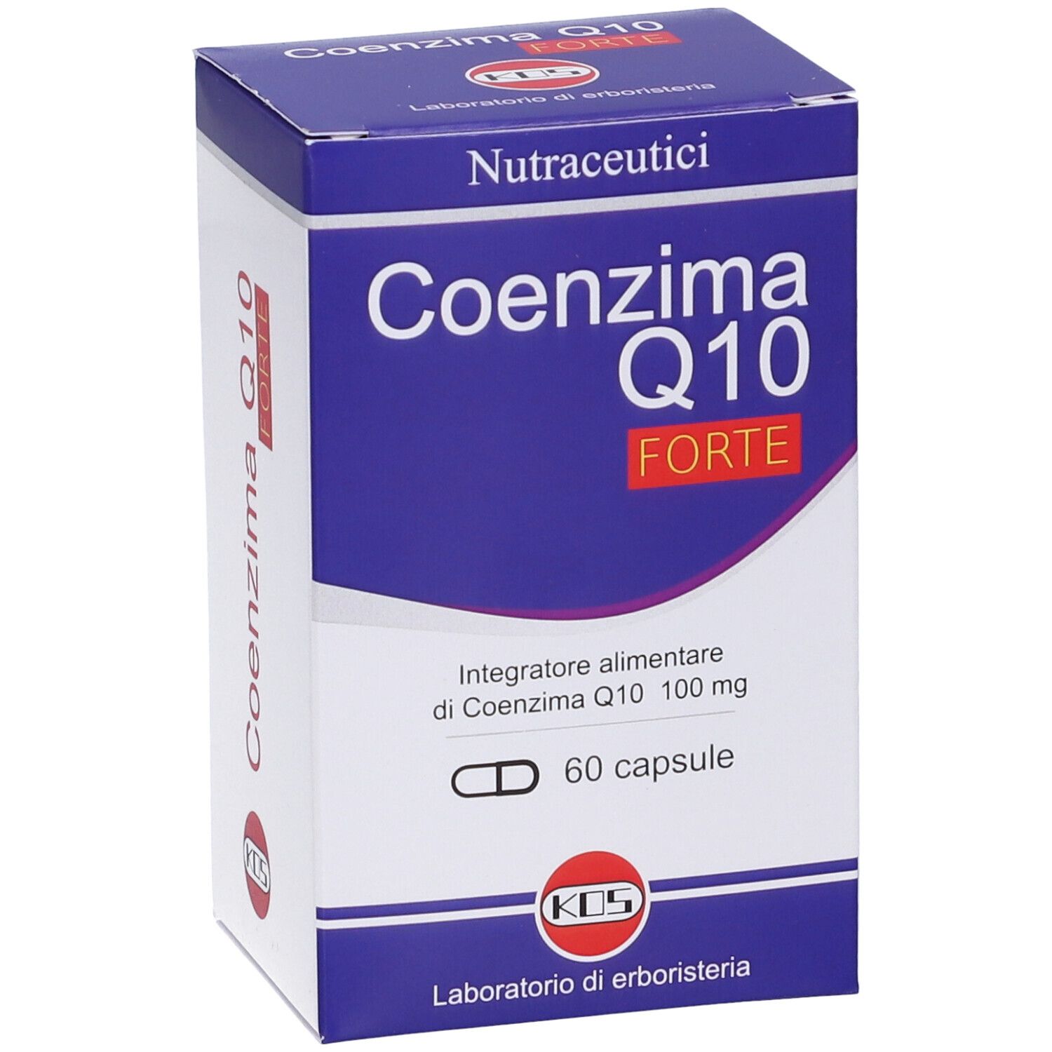 KOS Coenzima Q10-Box, schräg. Blaue und weiße Verpackung mit Produktnamen und Kapsel-Symbol. 60 Kapseln.