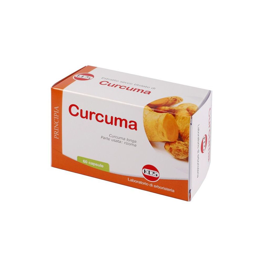 Scatola di cartone "Curcuma" con 60 capsule. Immagine di rizomi di curcuma. Marchio KOS.