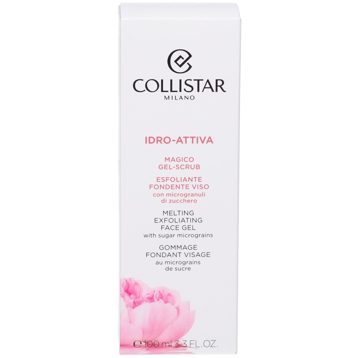 Scatola bianca. Testo: Collistar, IDRO-ATTIVA, Magico Gel-Scrub, Esfoliante Fondente Viso. 100ml 3.3 FL.OZ.