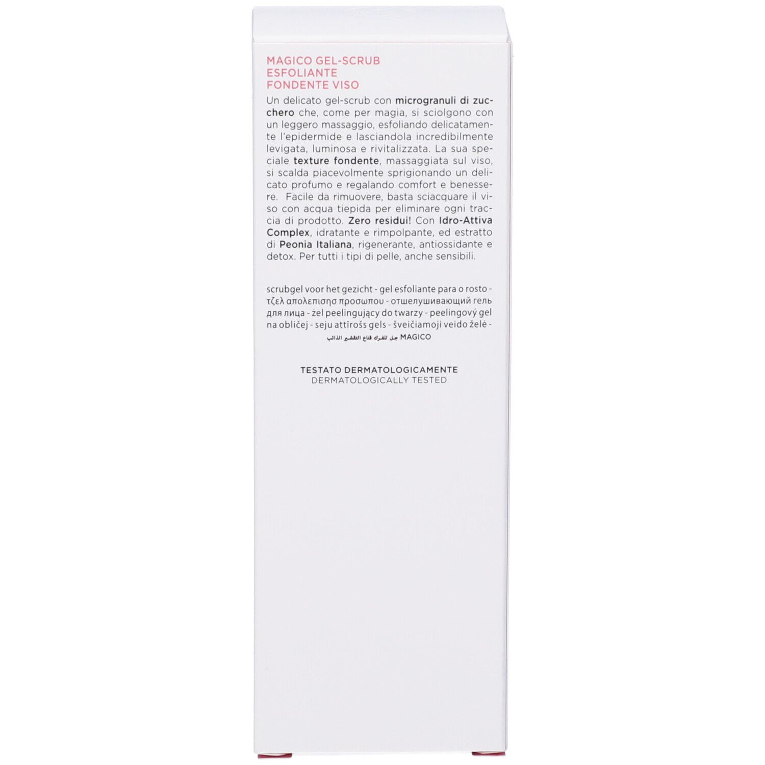 Retro scatola. Testo in 3 lingue. Dermatologicamente testato. Contiene estratto di Peonia. Per tutti i tipi di pelle.
