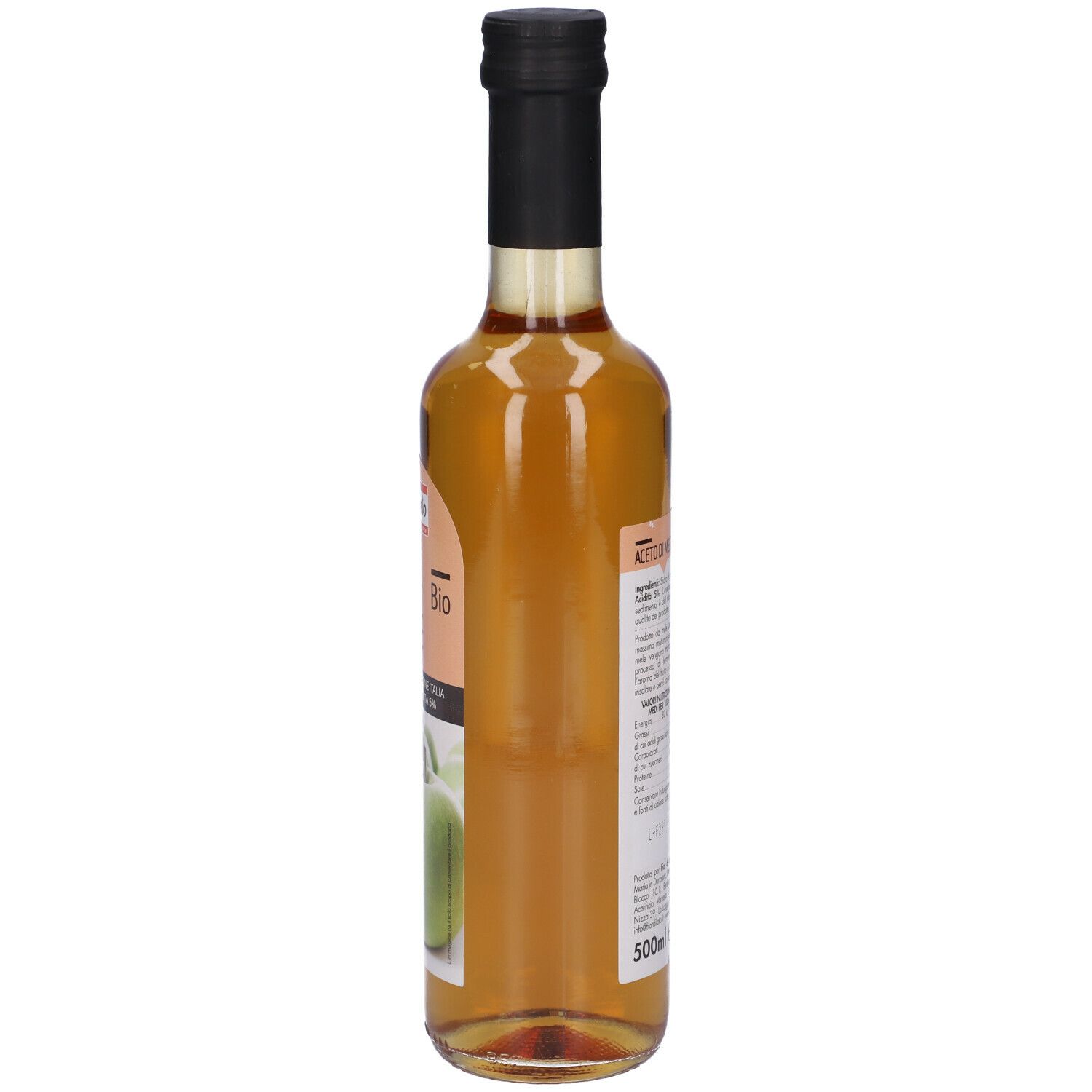 Bottiglia di aceto di mele, vista laterale. Etichetta con testo. Marchio Fior di Loto. Certificazione bio. Volume: 500ml.