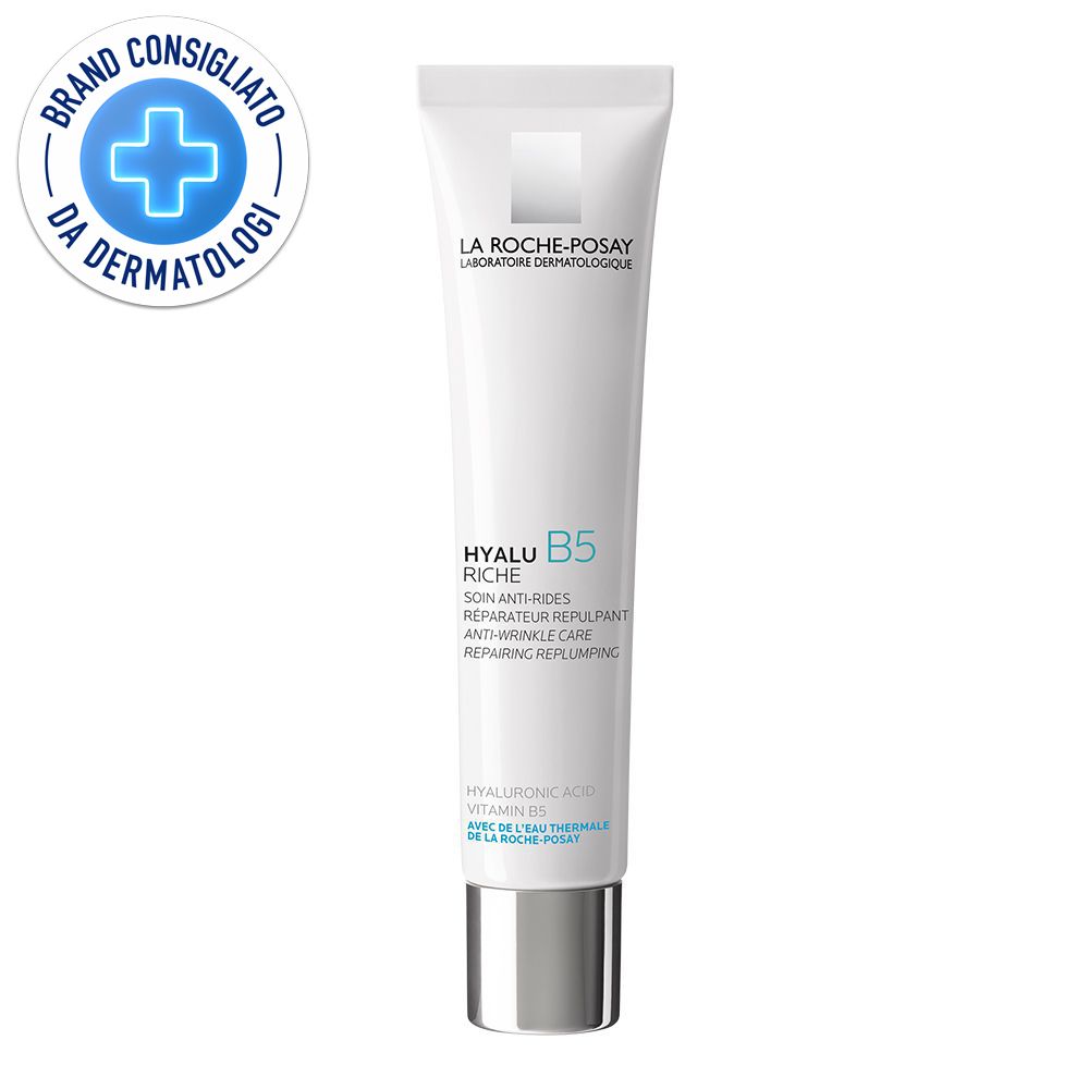 Tubo bianco con testo. Logo e sigillo 'Brand Consigliato da Dermatologi'.