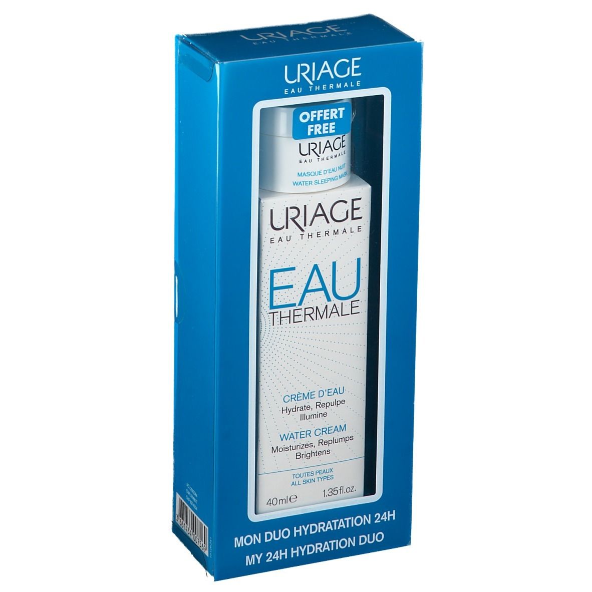 Coffret bleu et blanc avec deux produits. Inscription: URIAGE Eau Thermale. Crème et masque. "Offert Free".