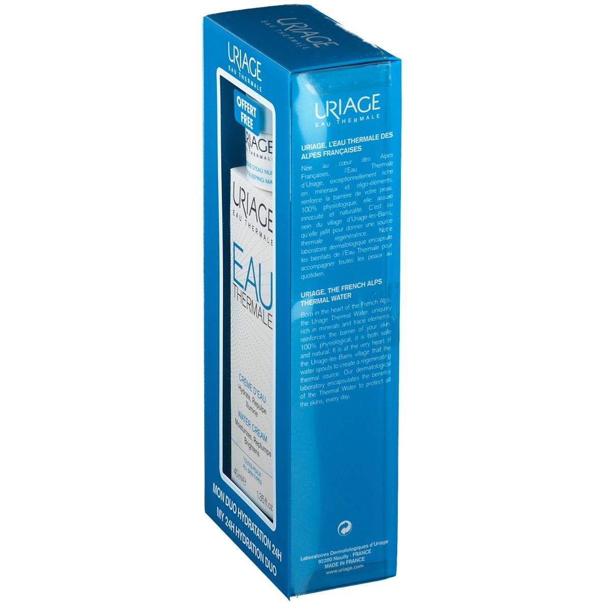 Emballage bleu avec texte. Inscription: URIAGE Eau Thermale. Texte sur l'eau thermale. Emballage du produit.