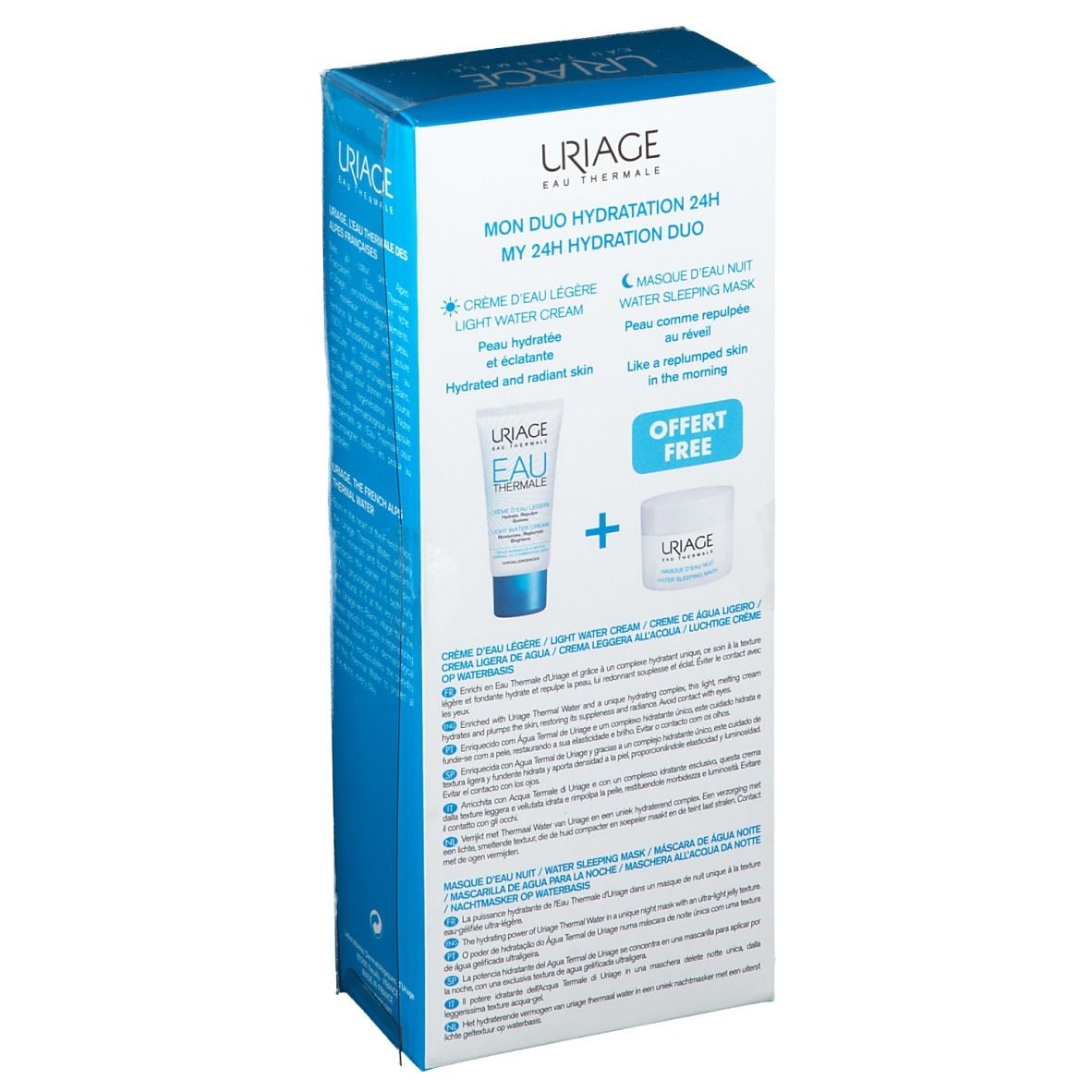 Dos du coffret bleu. Inscription: URIAGE. Deux produits illustrés. Texte sur les produits.