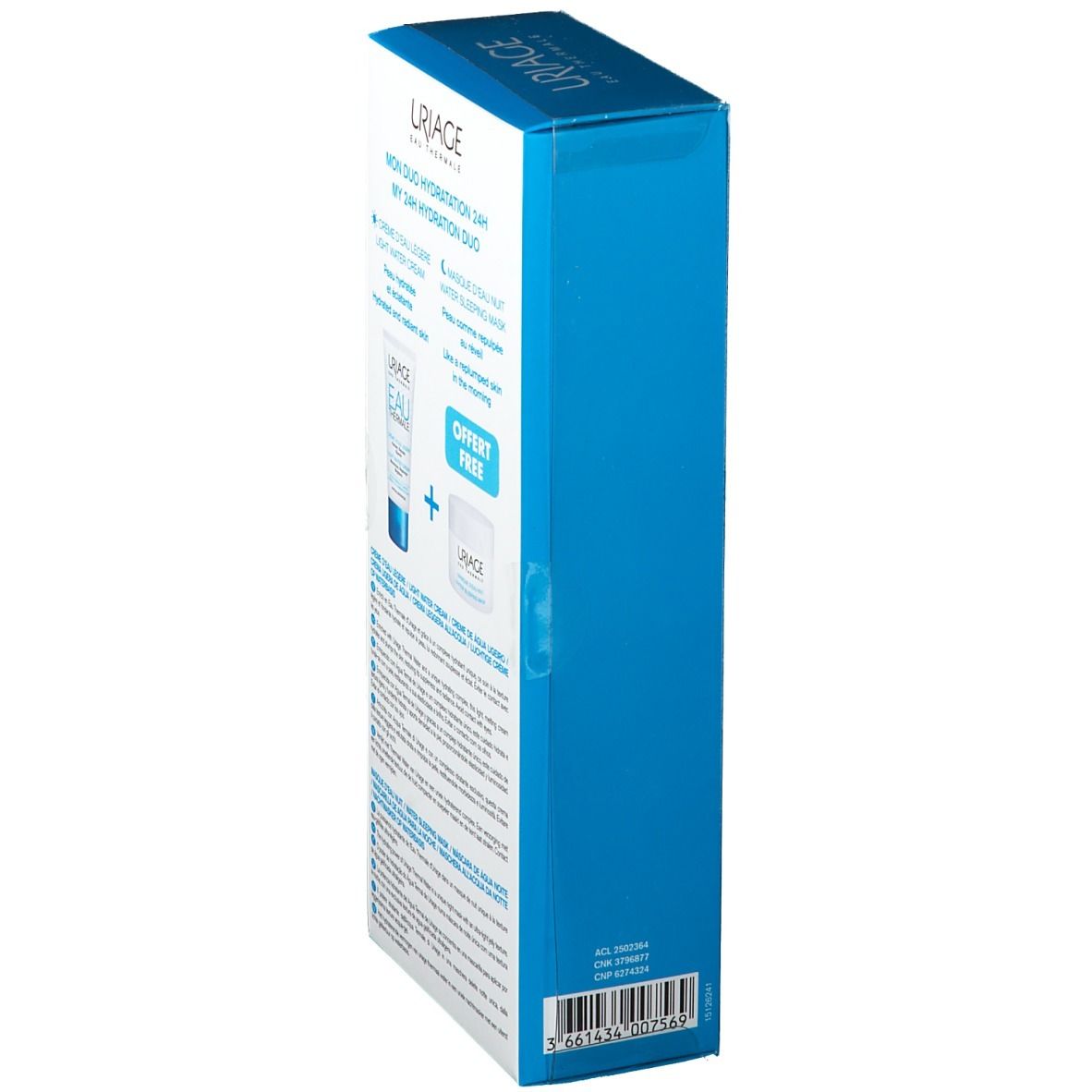 Vue latérale du coffret bleu. Inscription: URIAGE. Emballage du produit avec code-barres.