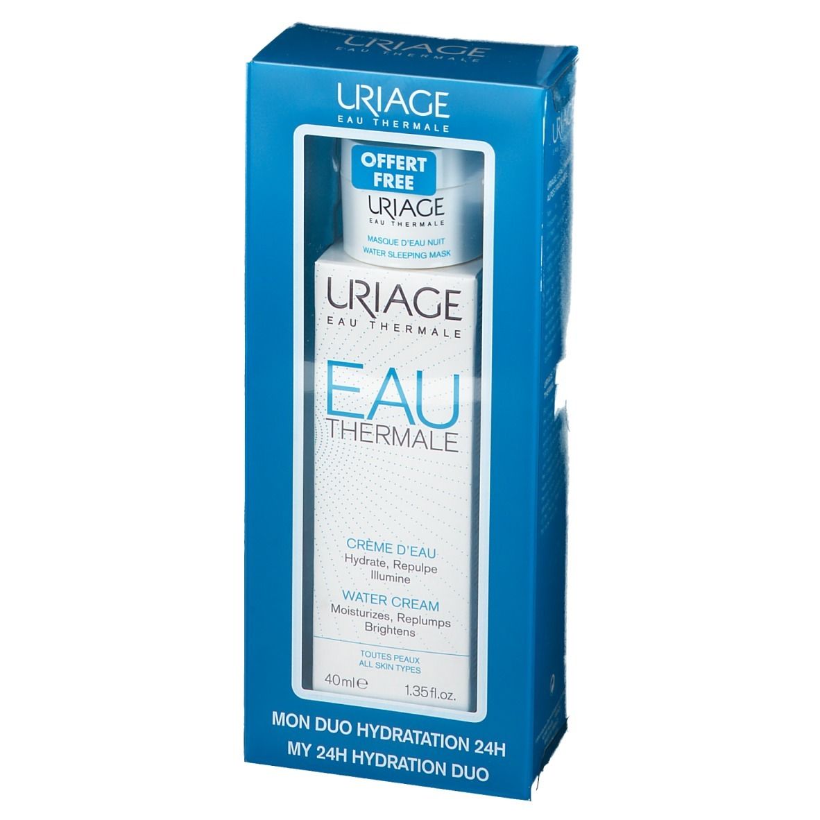 Coffret bleu et blanc avec deux produits. Inscription: URIAGE Eau Thermale. Crème et masque. "Offert Free".