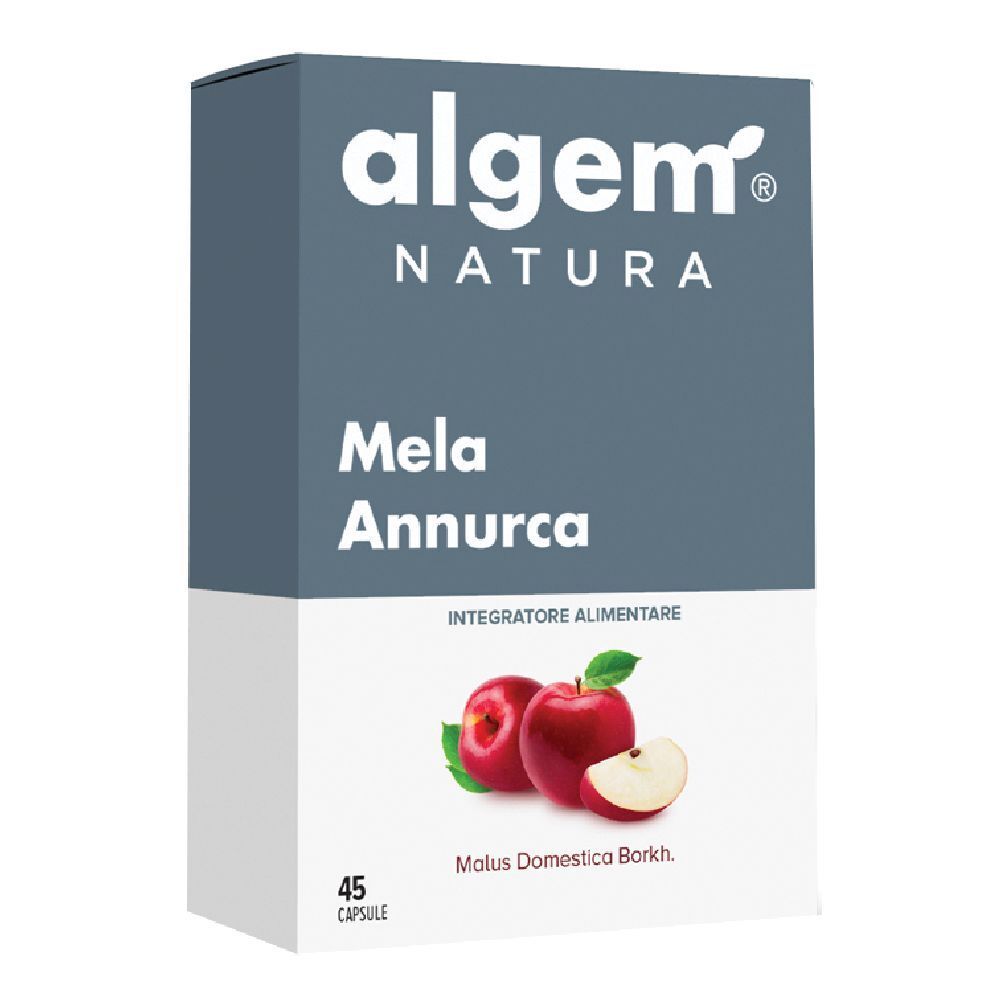 Scatola di capsule Algem Natura Mela Annurca. Scritto: Mela Annurca, 45 capsule, immagine di mele.