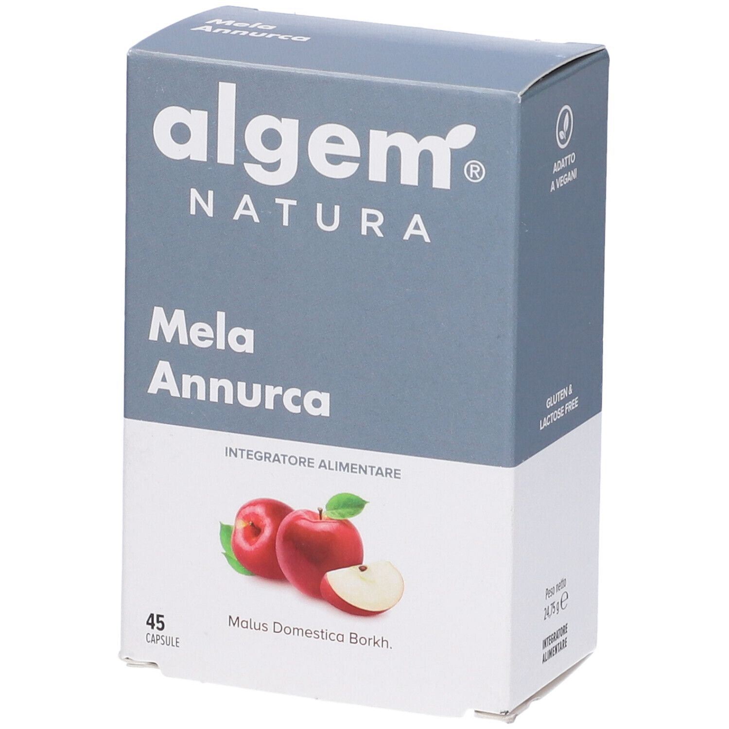 Scatola di capsule Algem Natura Mela Annurca. Scritto: Mela Annurca, 45 capsule, senza glutine, vegano.