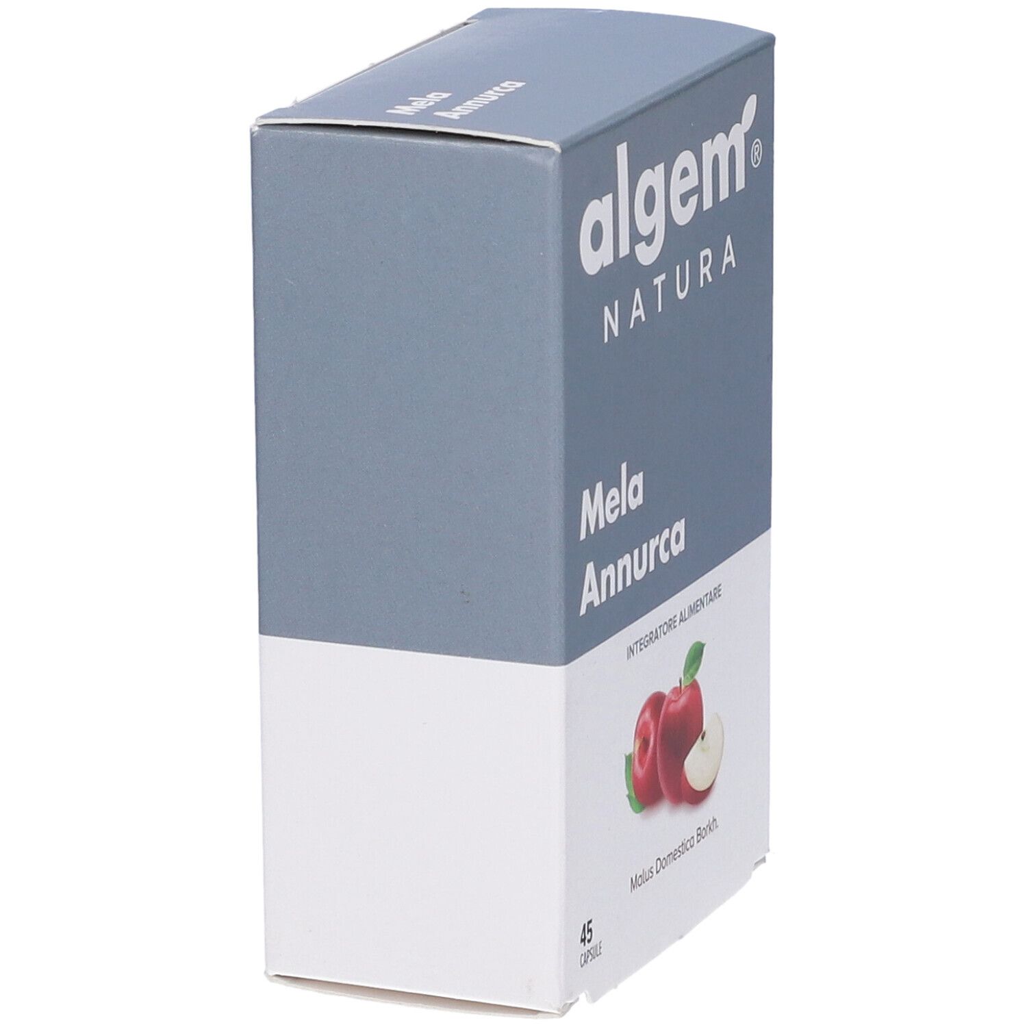 Scatola di capsule Algem Natura Mela Annurca. Scritto: Mela Annurca, 45 capsule, vista obliqua.