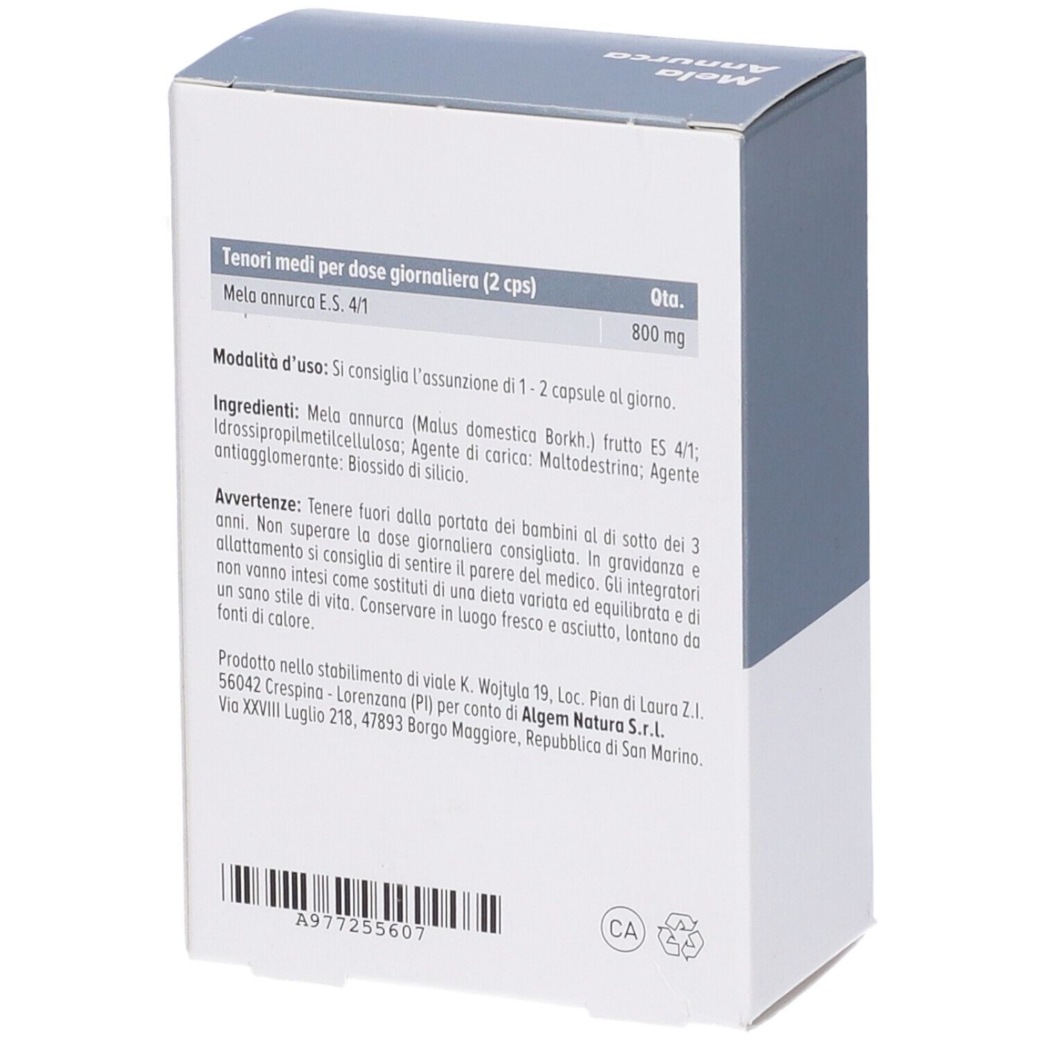 Retro della confezione di capsule Algem Natura Mela Annurca. Testo: ingredienti, uso, avvertenze.