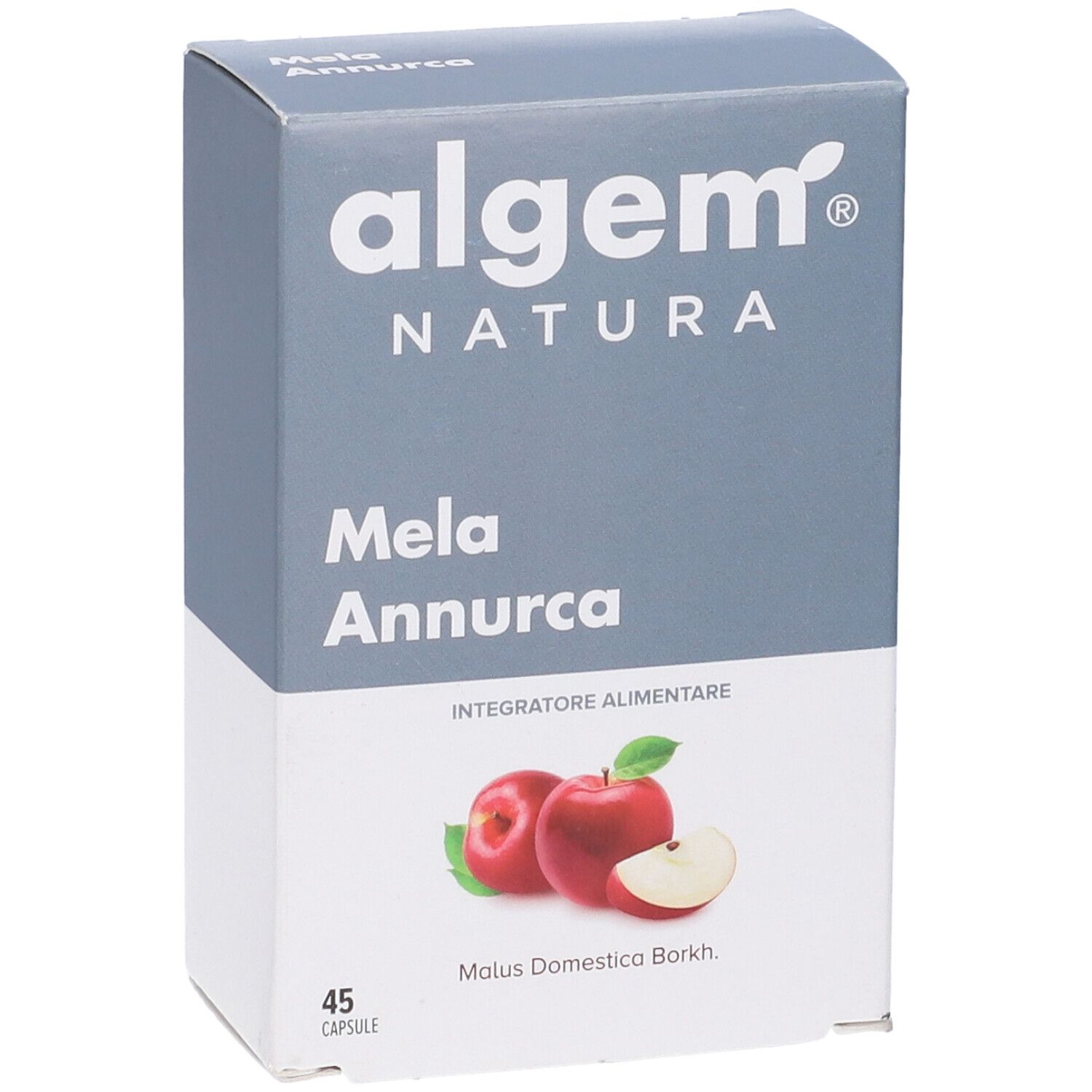 Scatola di capsule Algem Natura Mela Annurca. Scritto: Mela Annurca, 45 capsule, immagine di mele.