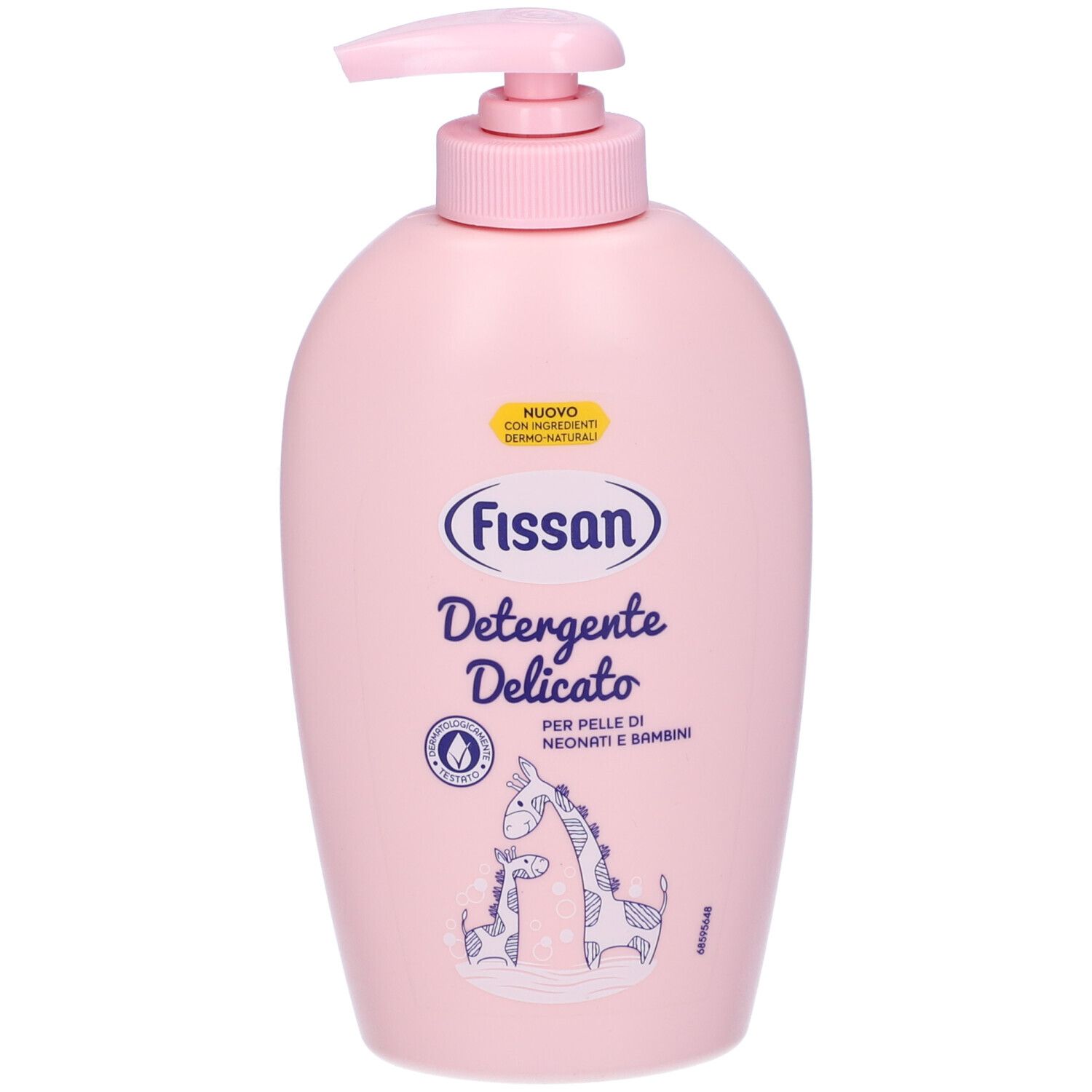 Flacone rosa con dosatore. Scritta: Fissan, Detergente Delicato. Per neonati e bambini. Illustrazione giraffe.