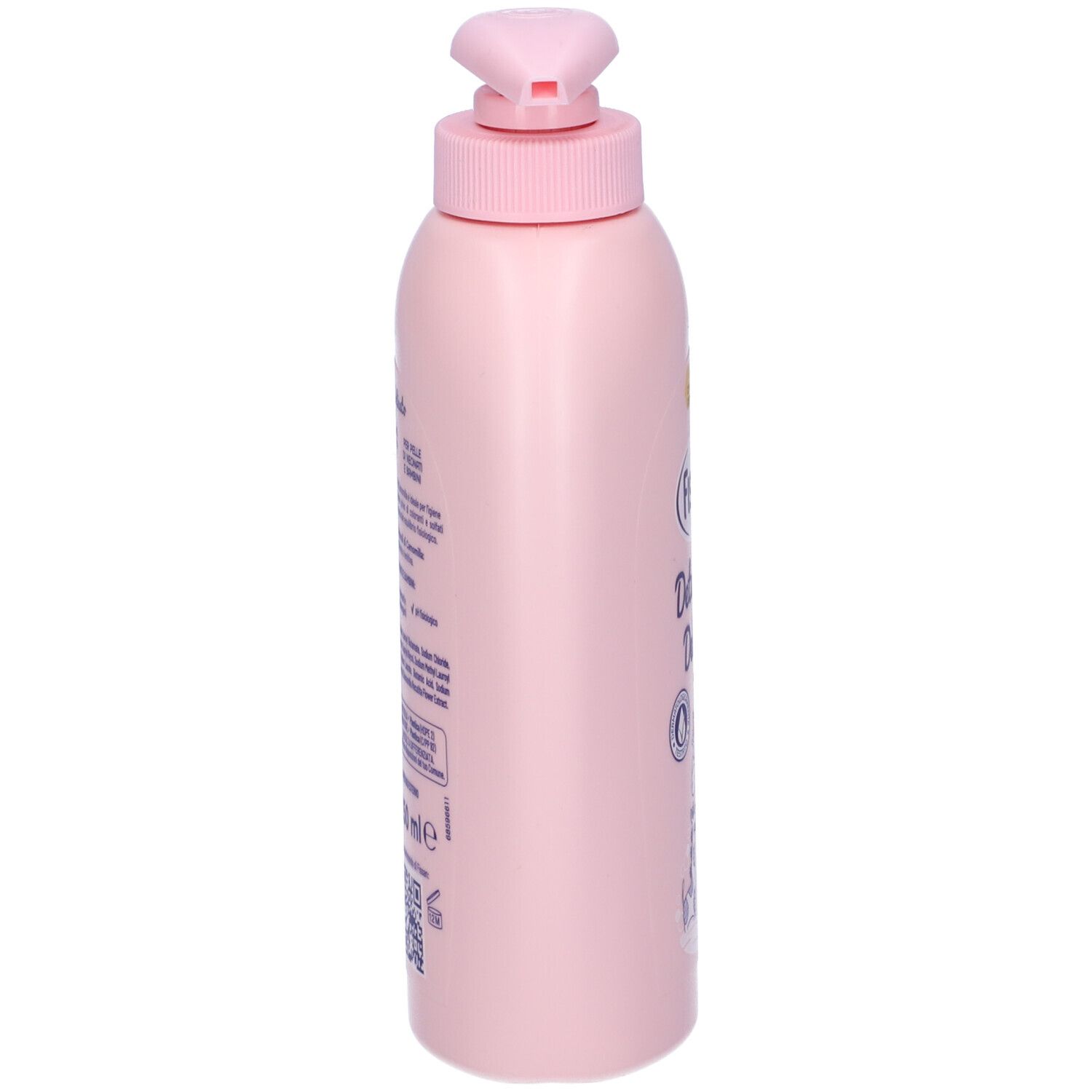 Flacone rosa con dosatore. Scritta: Fissan, Detergente Delicato. Per neonati e bambini. Illustrazione giraffe.