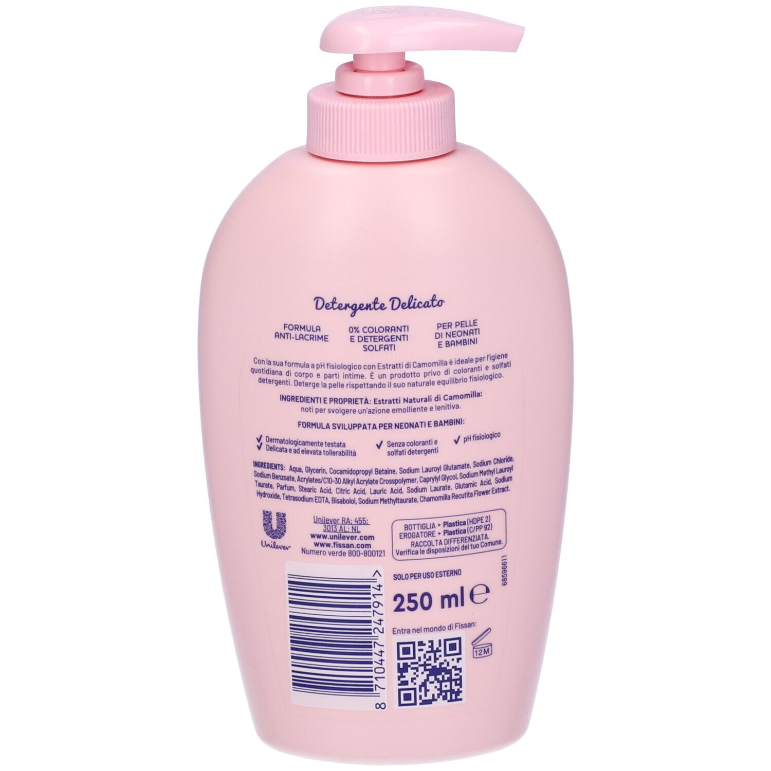 Flacone rosa con dosatore. Scritta: Fissan, Detergente Delicato. Per neonati e bambini. Illustrazione giraffe.