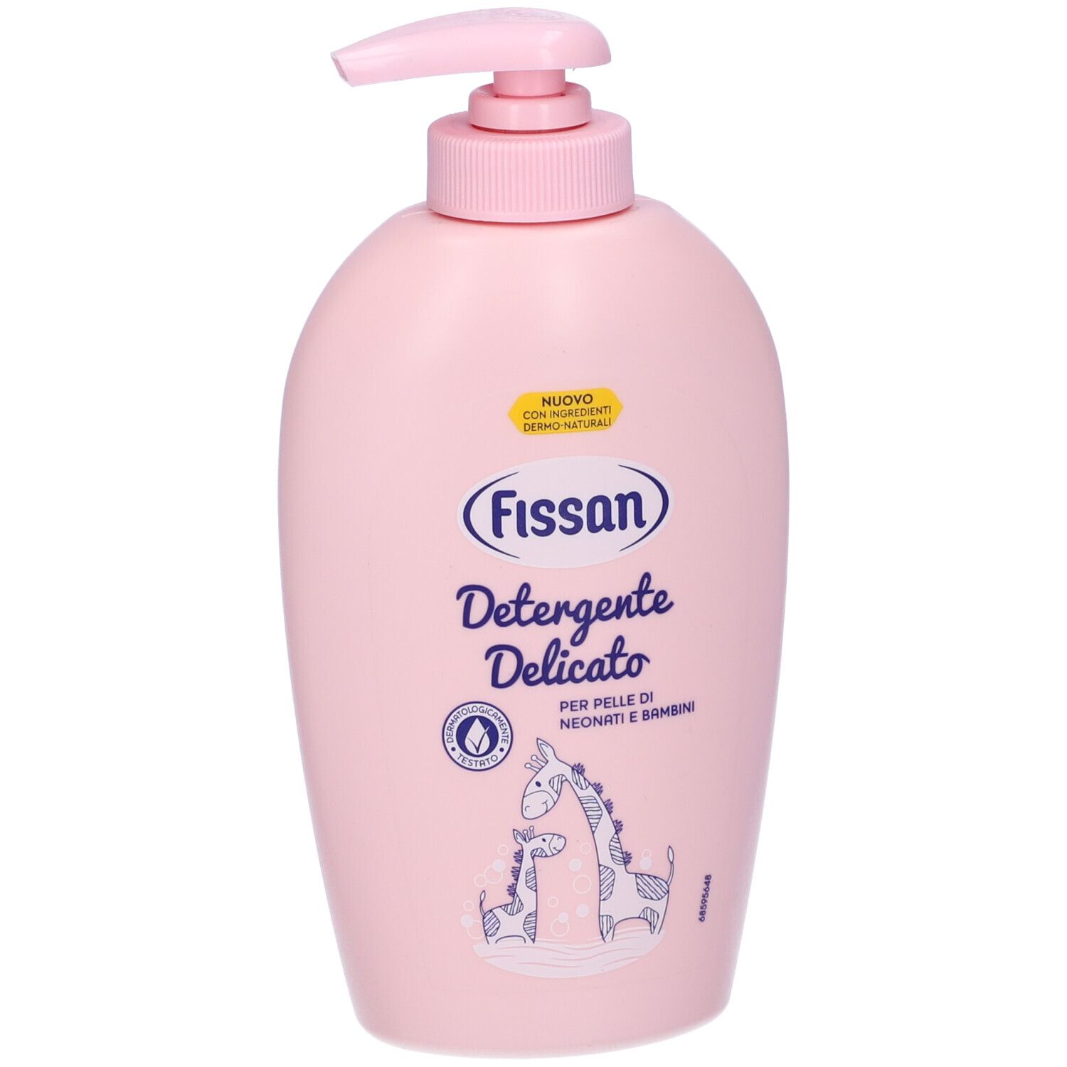 Flacone rosa con dosatore. Scritta: Fissan, Detergente Delicato. Per neonati e bambini. Illustrazione giraffe.