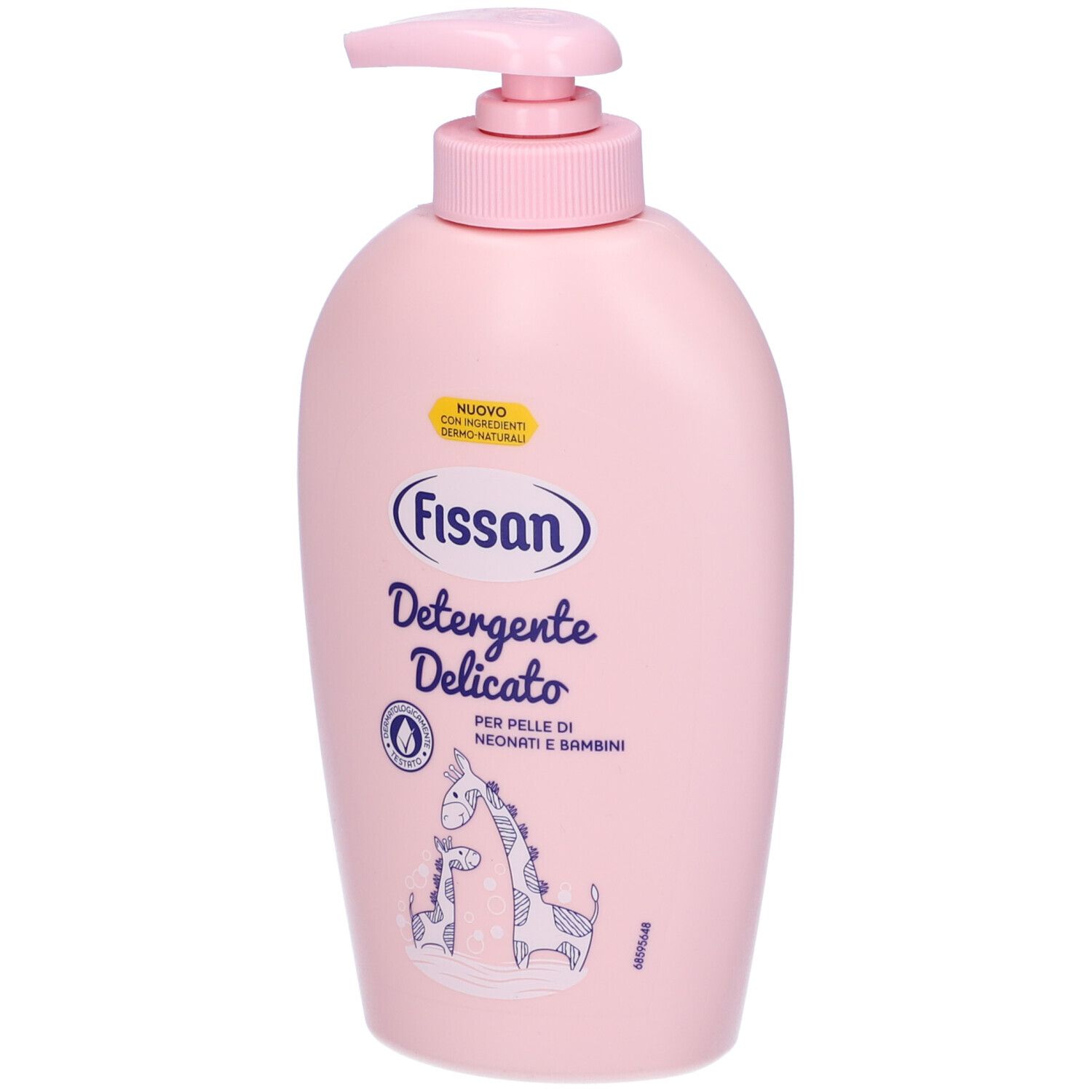 Flacone rosa con dosatore. Scritta: Fissan, Detergente Delicato. Per neonati e bambini. Illustrazione giraffe.