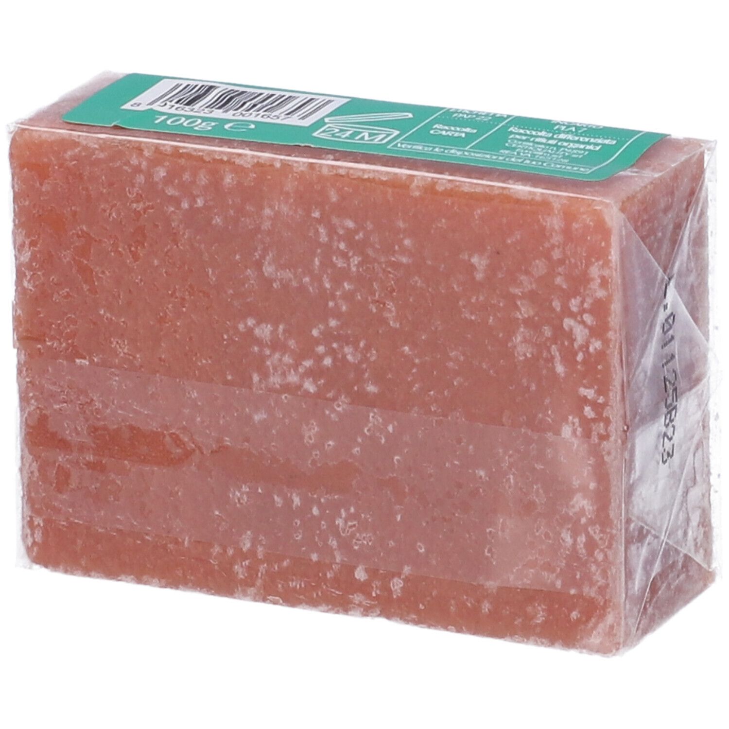 Sapone confezionato. Scritta: 100g. Confezione trasparente. Sapone rosa. Etichetta con codice a barre.